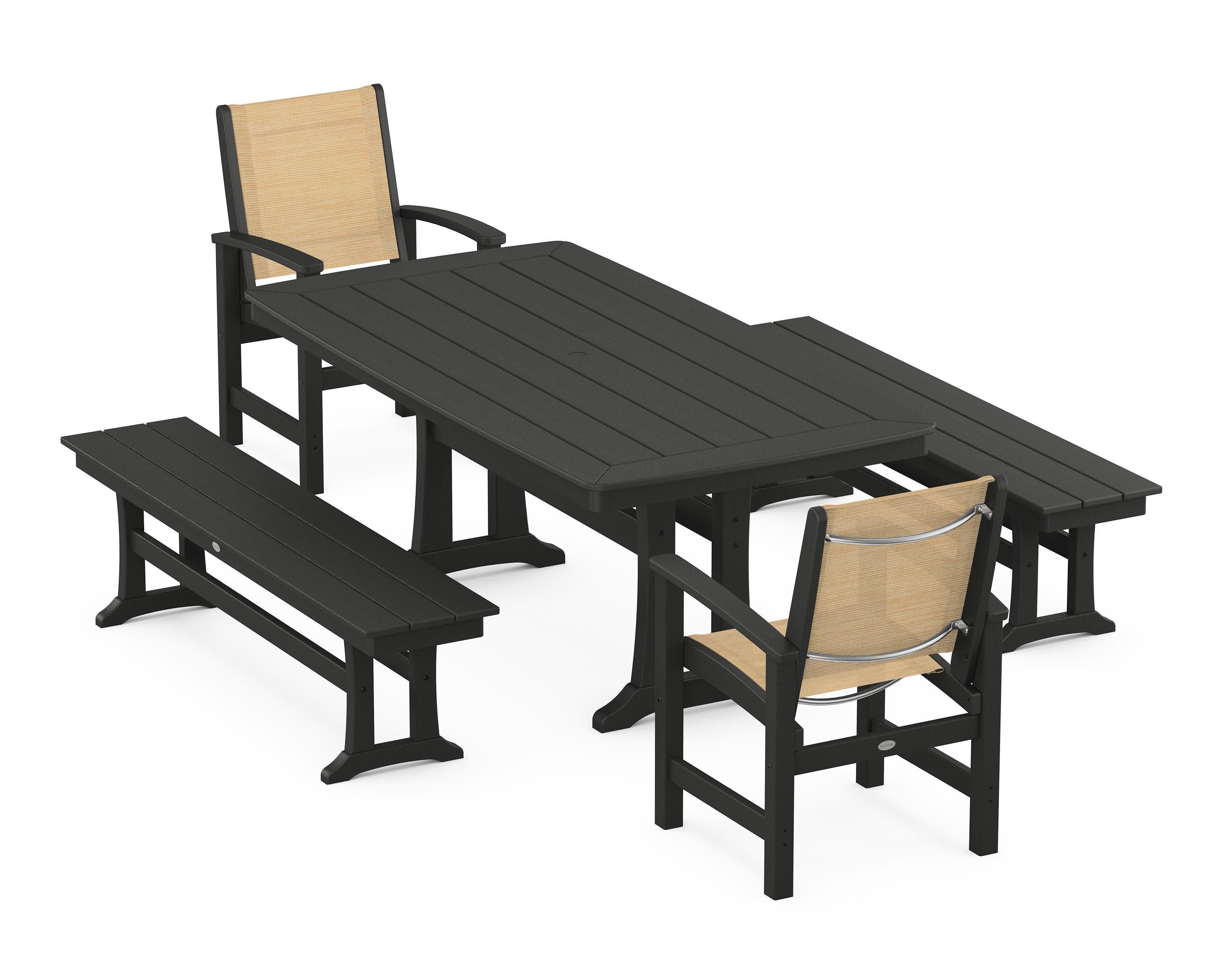 Coastal 5-Piece Dining Set with Trestle Legs and Benches in Black / Dupioni Apricot Sling