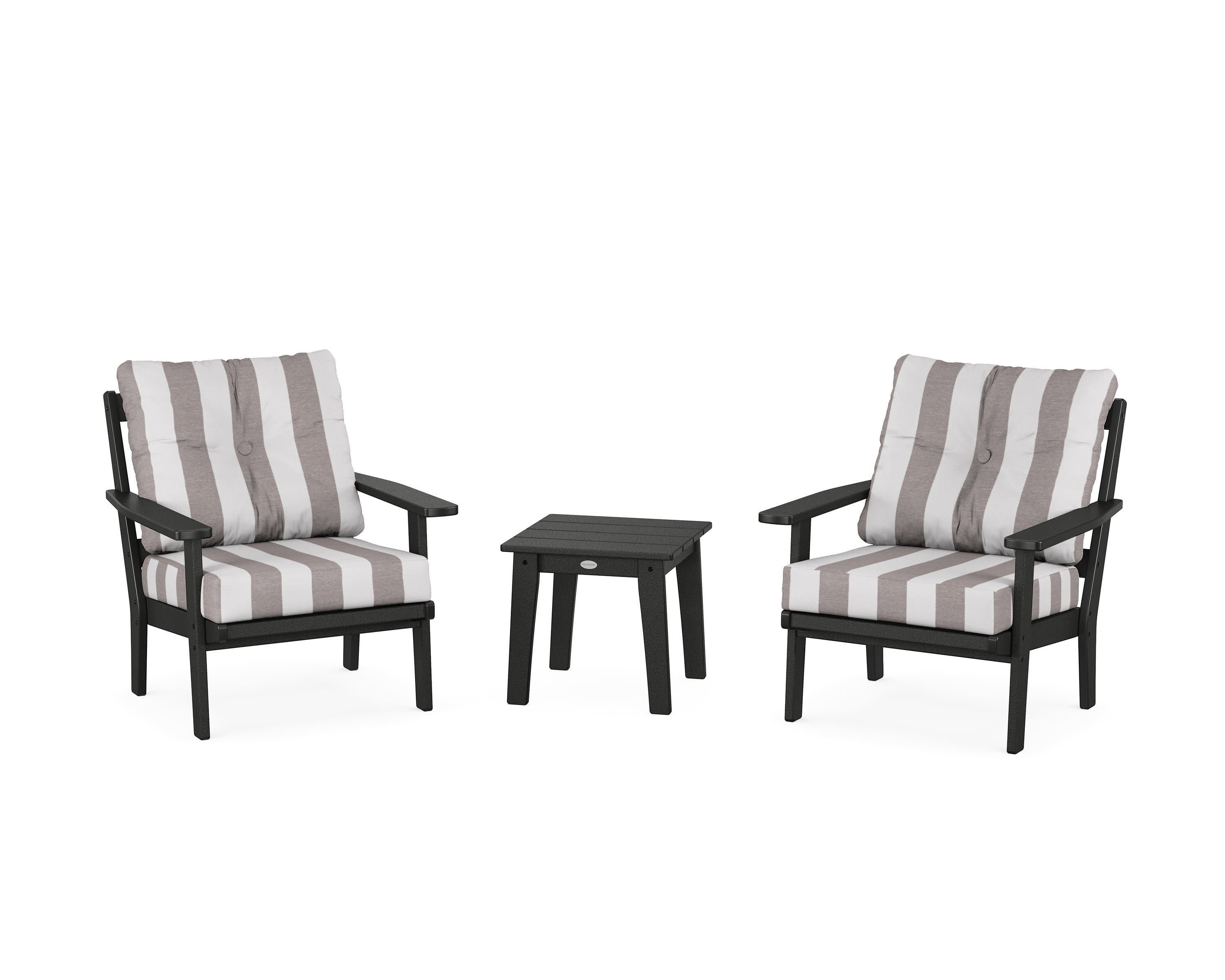 Oxford 3-Piece Deep Seating Set in Black / Cabana Stripe Grey Mist