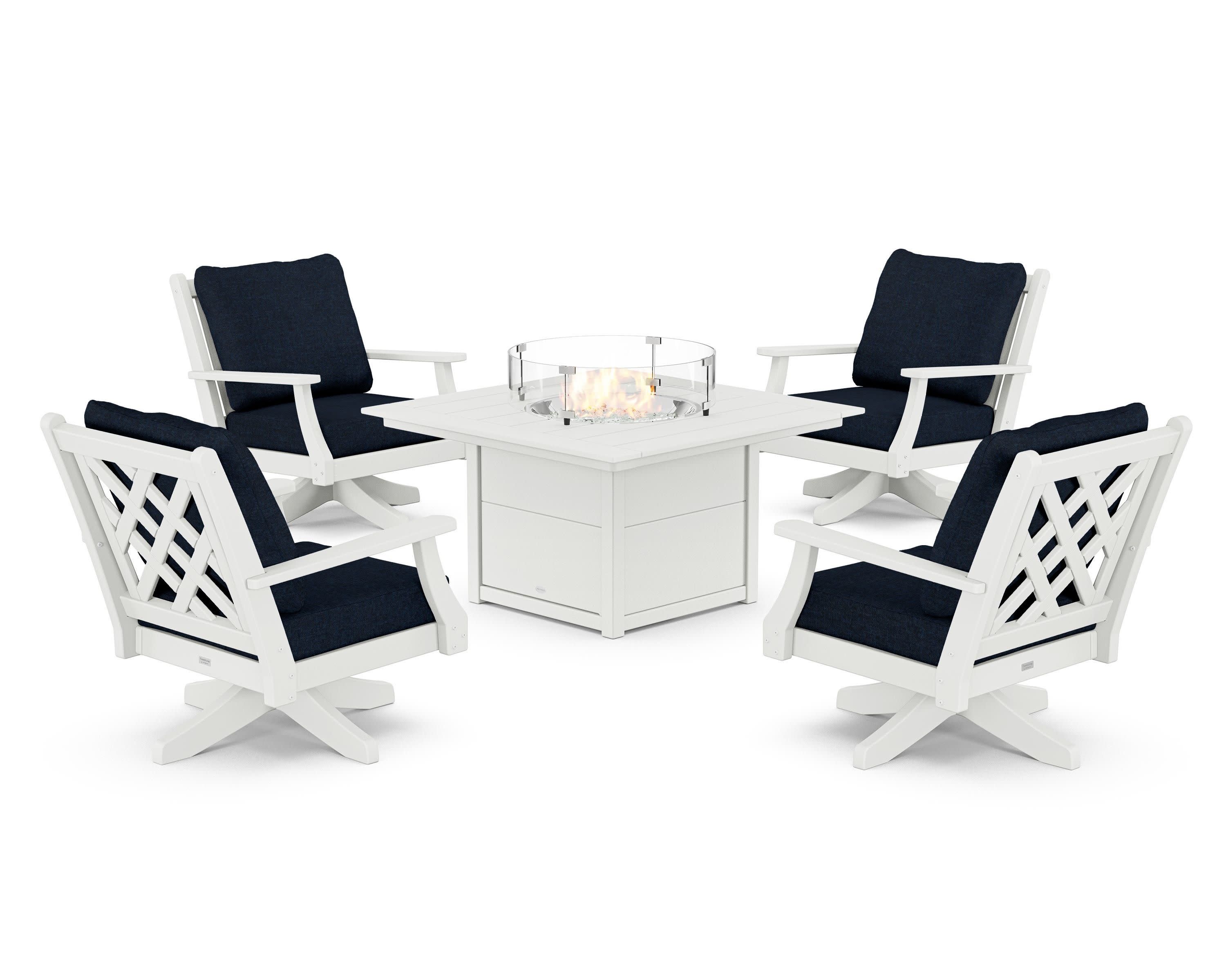 Wovendale 5-Piece Deep Seating Swivel Conversation Set with Fire Pit Table in White / Marine Indigo
