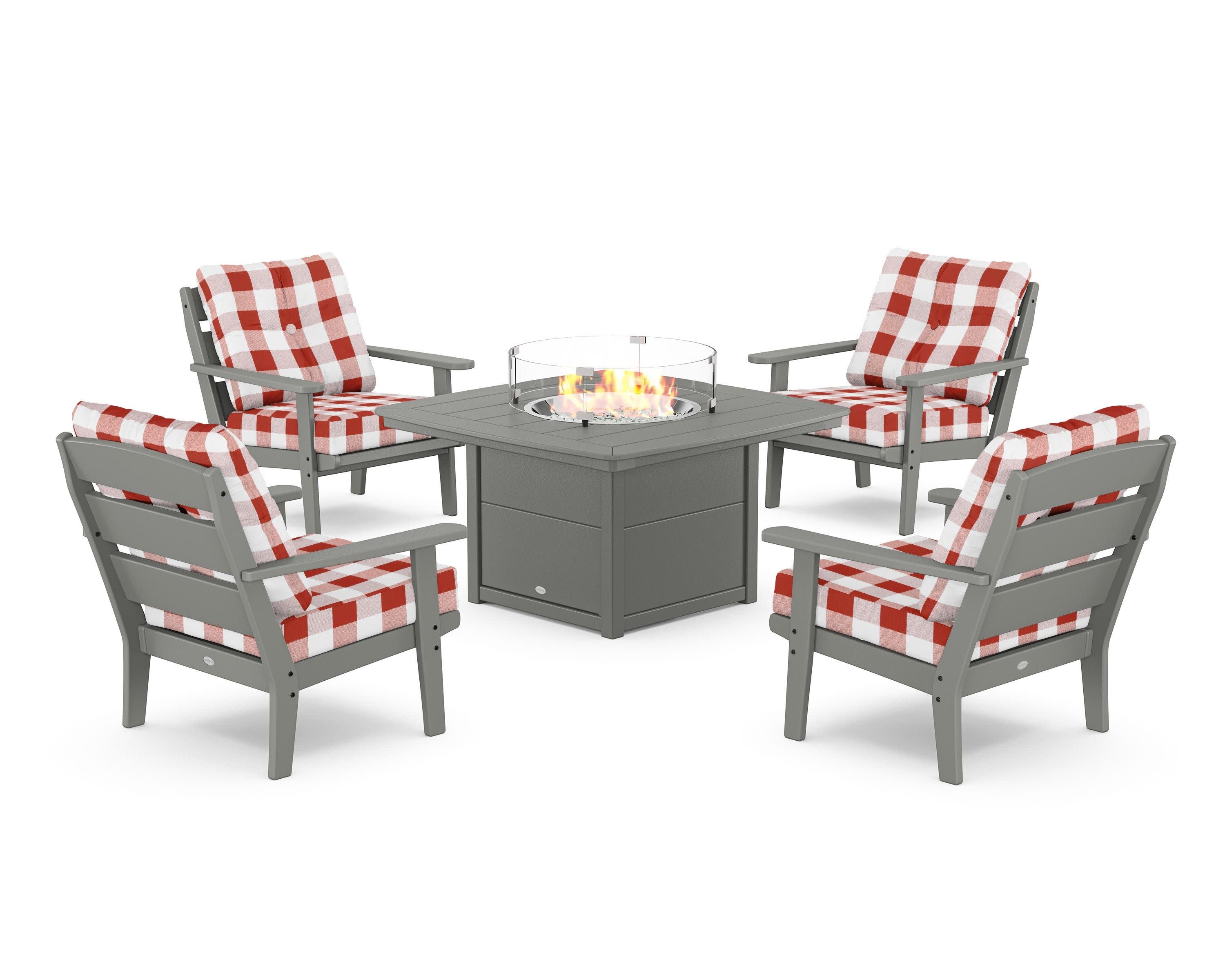 Lakeside 5-Piece Deep Seating Set with Nautical Fire Pit Table in Slate Grey / Buffalo Plaid Crimson