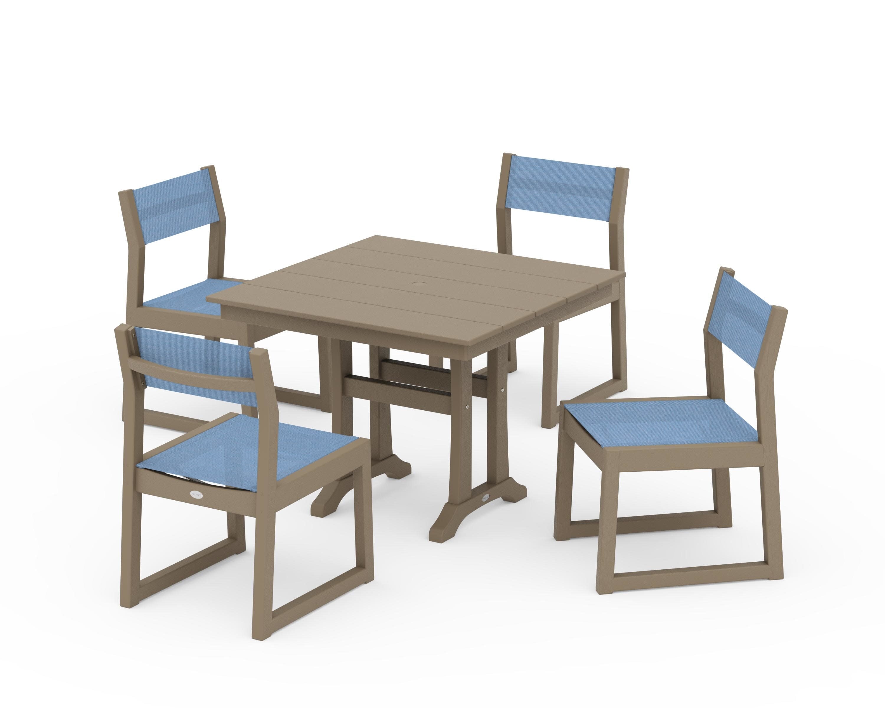 EDGE Sling 5-Piece Farmhouse Trestle Side Chair Dining Set in Vintage Sahara / Poolside Sling