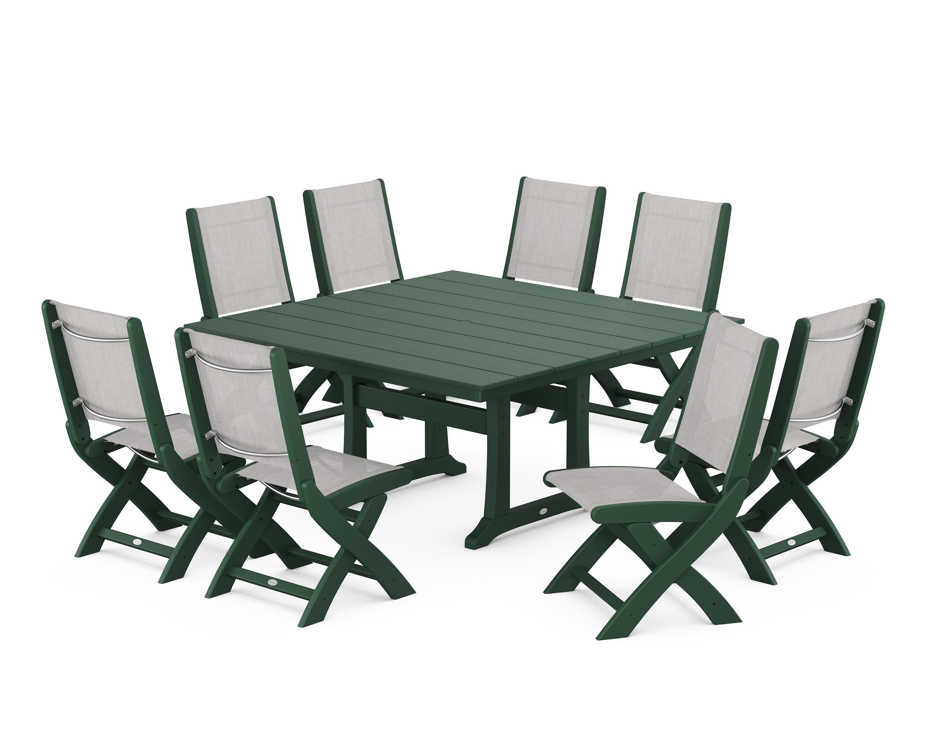 Coastal Folding Side Chair 9-Piece Farmhouse Dining Set in Green / Parchment Sling