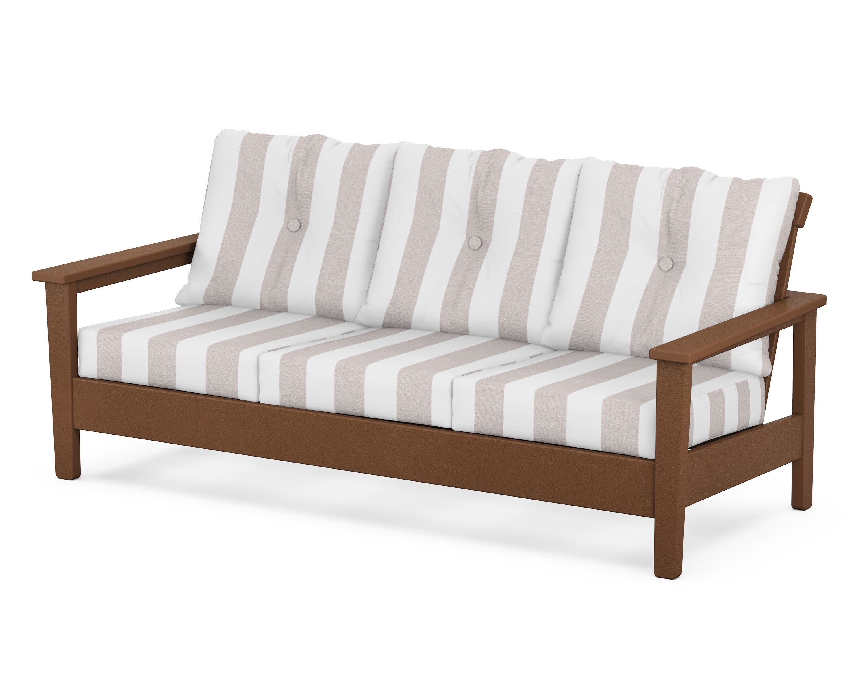 Prescott Deep Seating Sofa in Teak / Cabana Stripe Dune Burlap