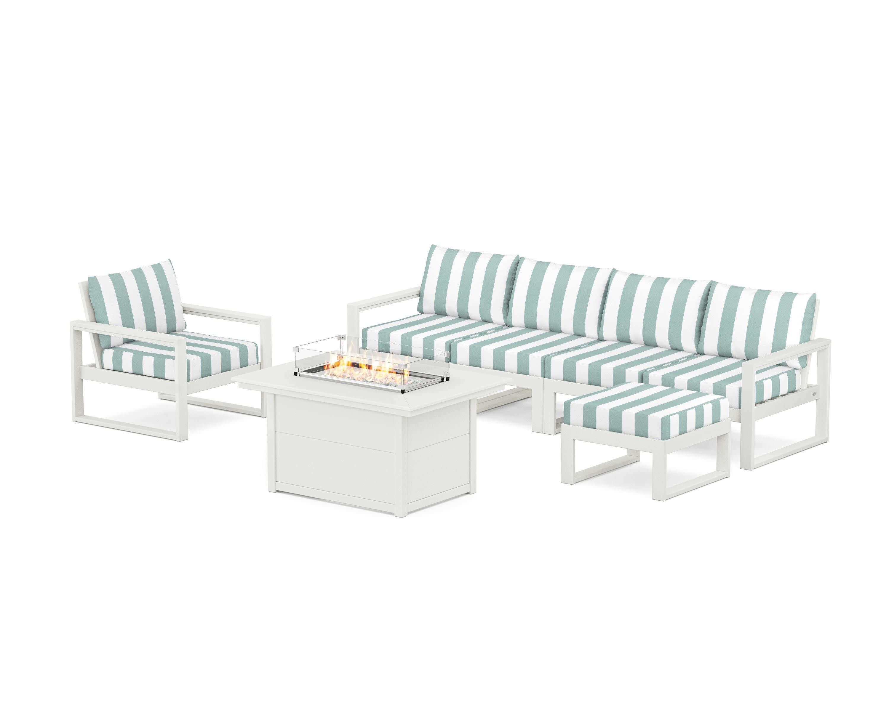 EDGE Sectional Lounge and Fire Pit Set in Vintage White / Cabana Stripe Glacier Spa