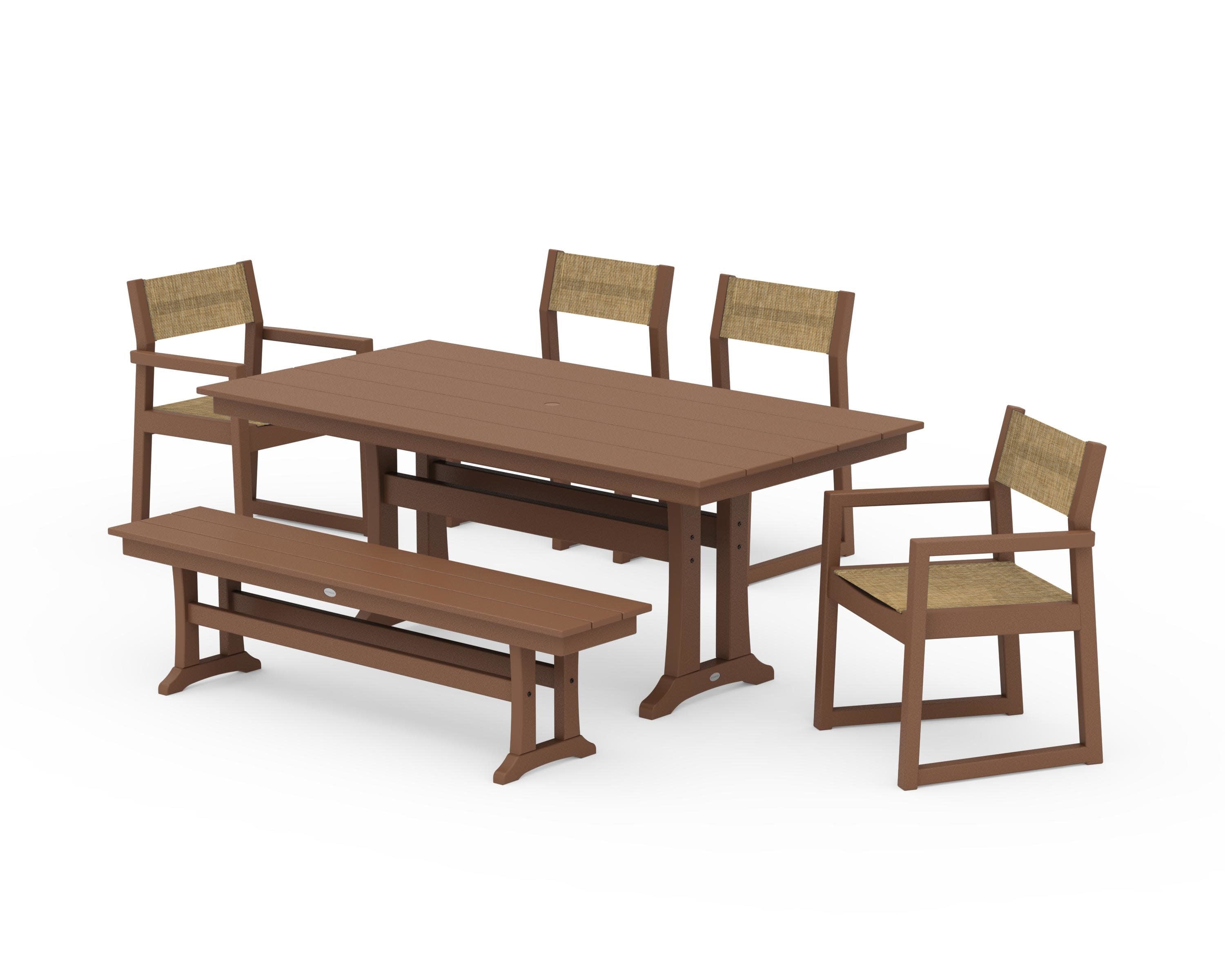 EDGE Sling 6-Piece Farmhouse Dining Set With Trestle Legs in Teak / Burlap Sling