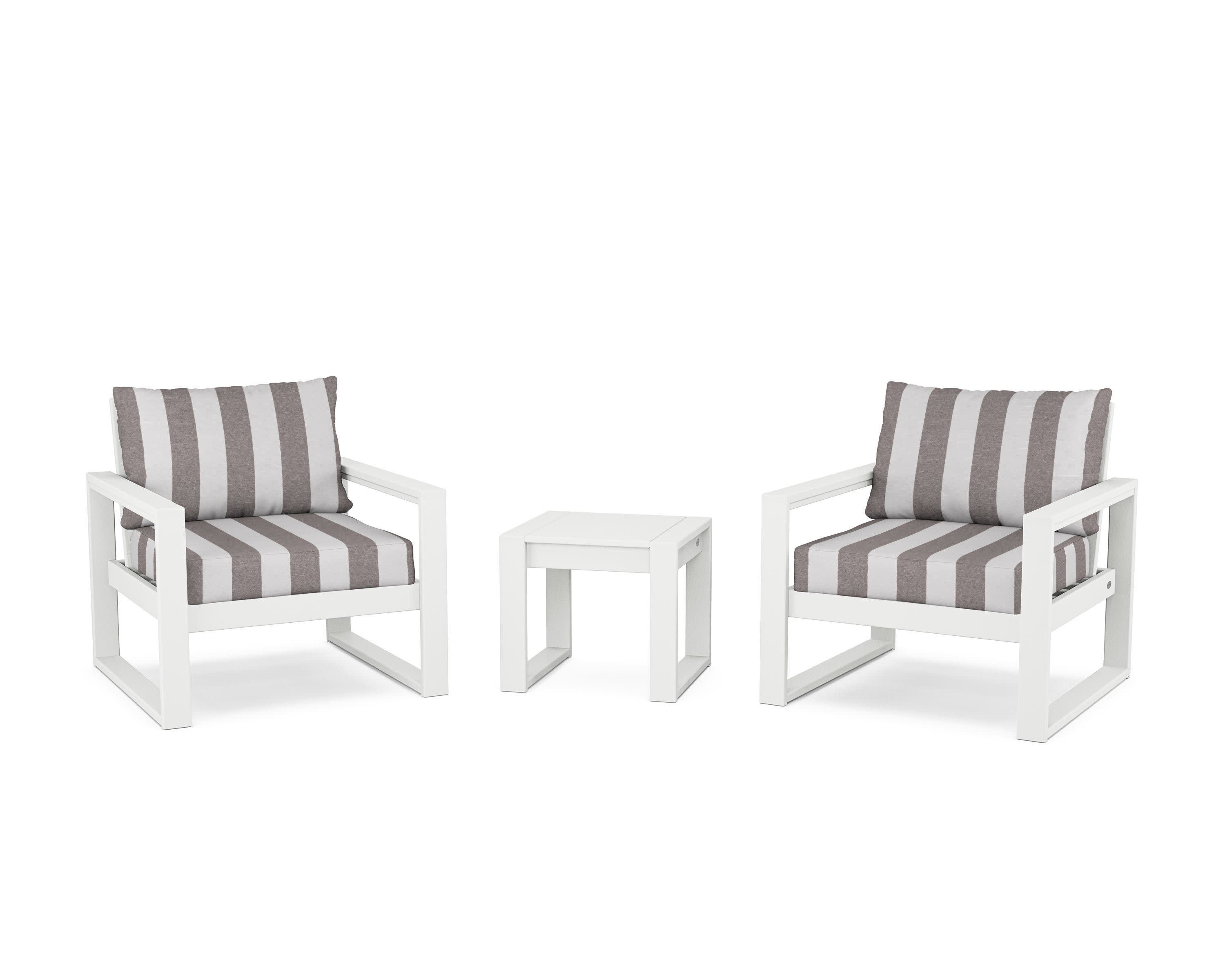 EDGE Sectional 3-Piece Deep Seating Set in White / Cabana Stripe Grey Mist