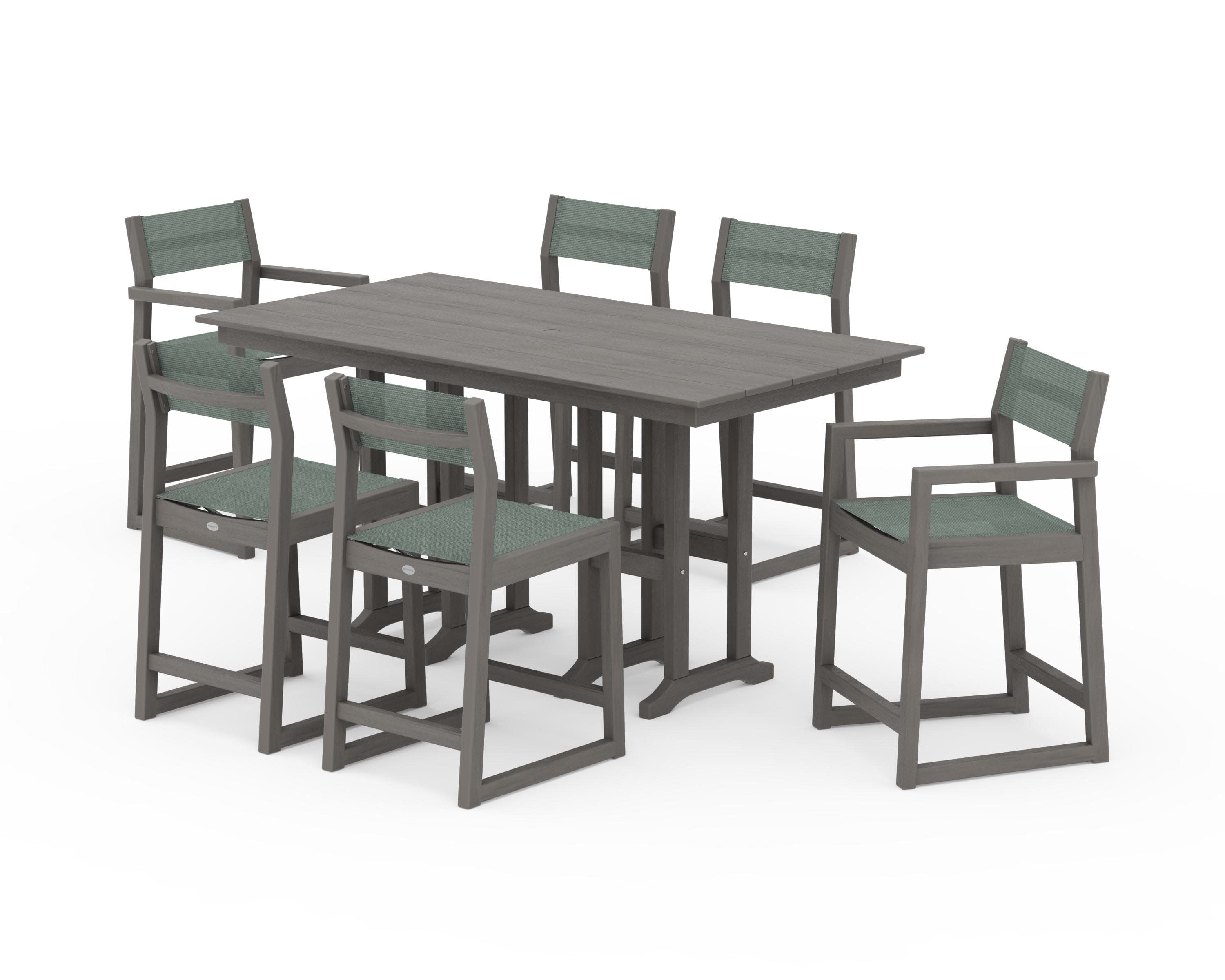 EDGE Sling 7-Piece Farmhouse Counter Set with Trestle Legs in Driftwood / Dupioni Sea Mist Sling