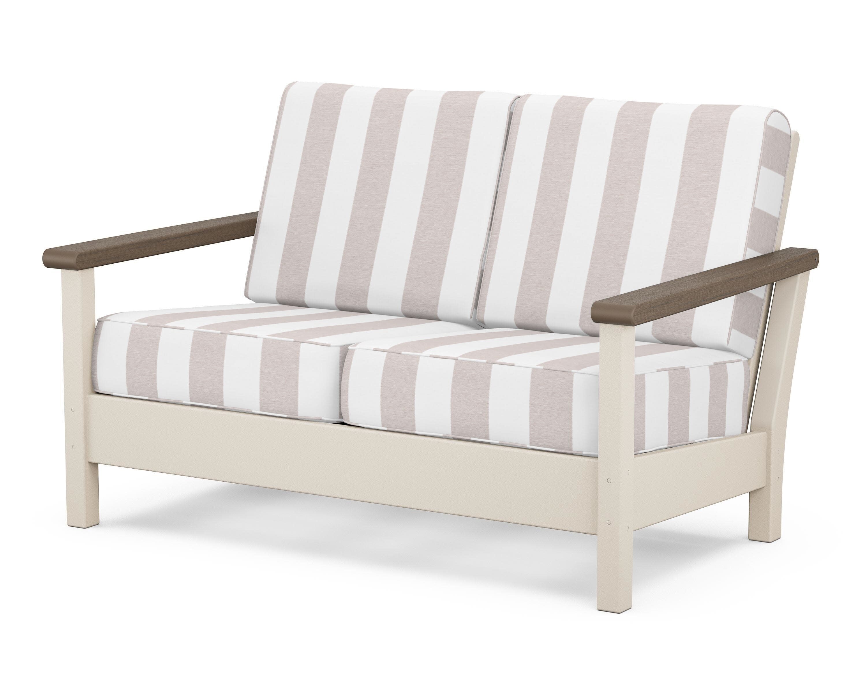 Harbour Deep Seating Loveseat in Sand / Kona / Cabana Stripe Dune Burlap