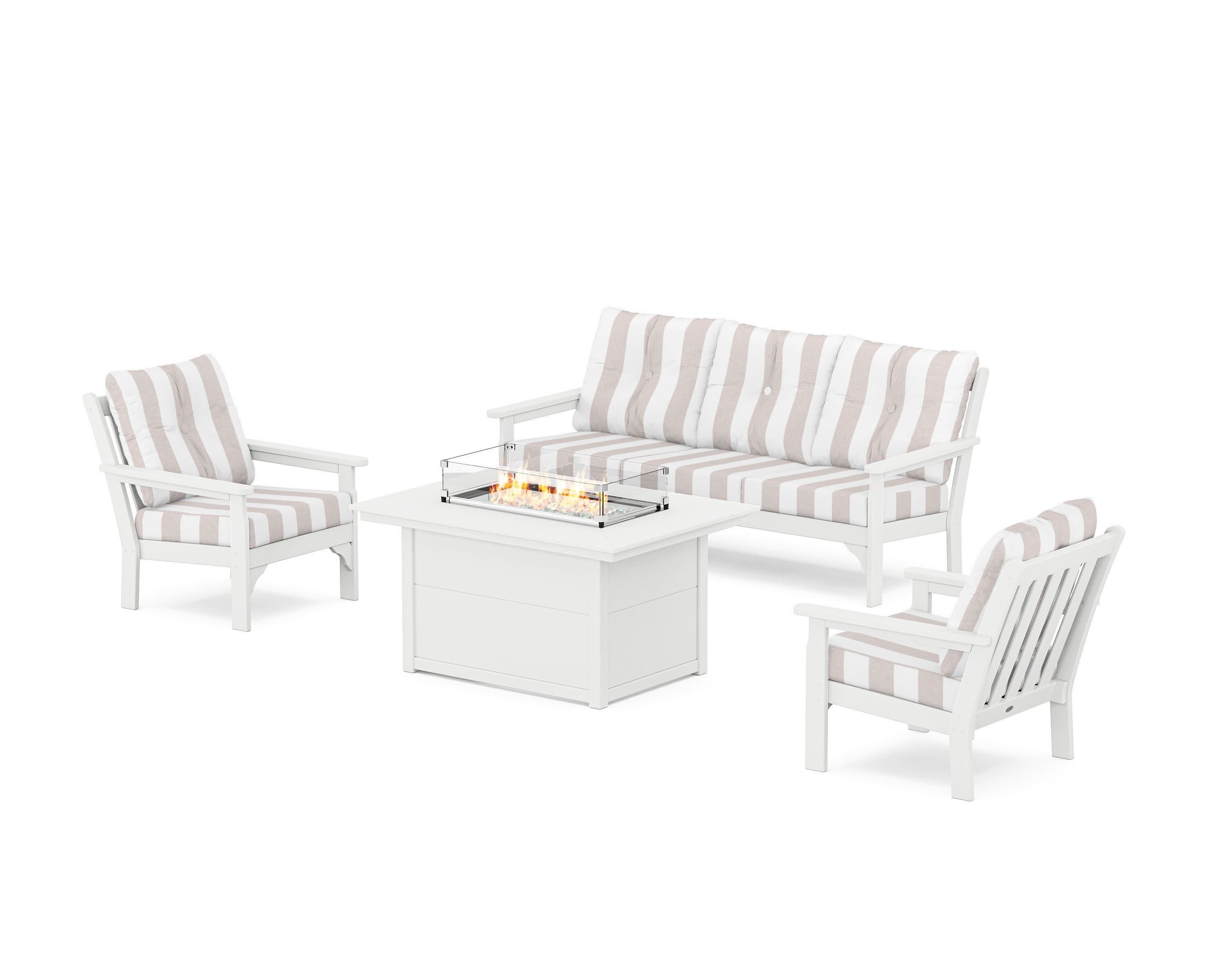 Vineyard Deep Seating Fire Pit Table Set in White / Cabana Stripe Dune Burlap