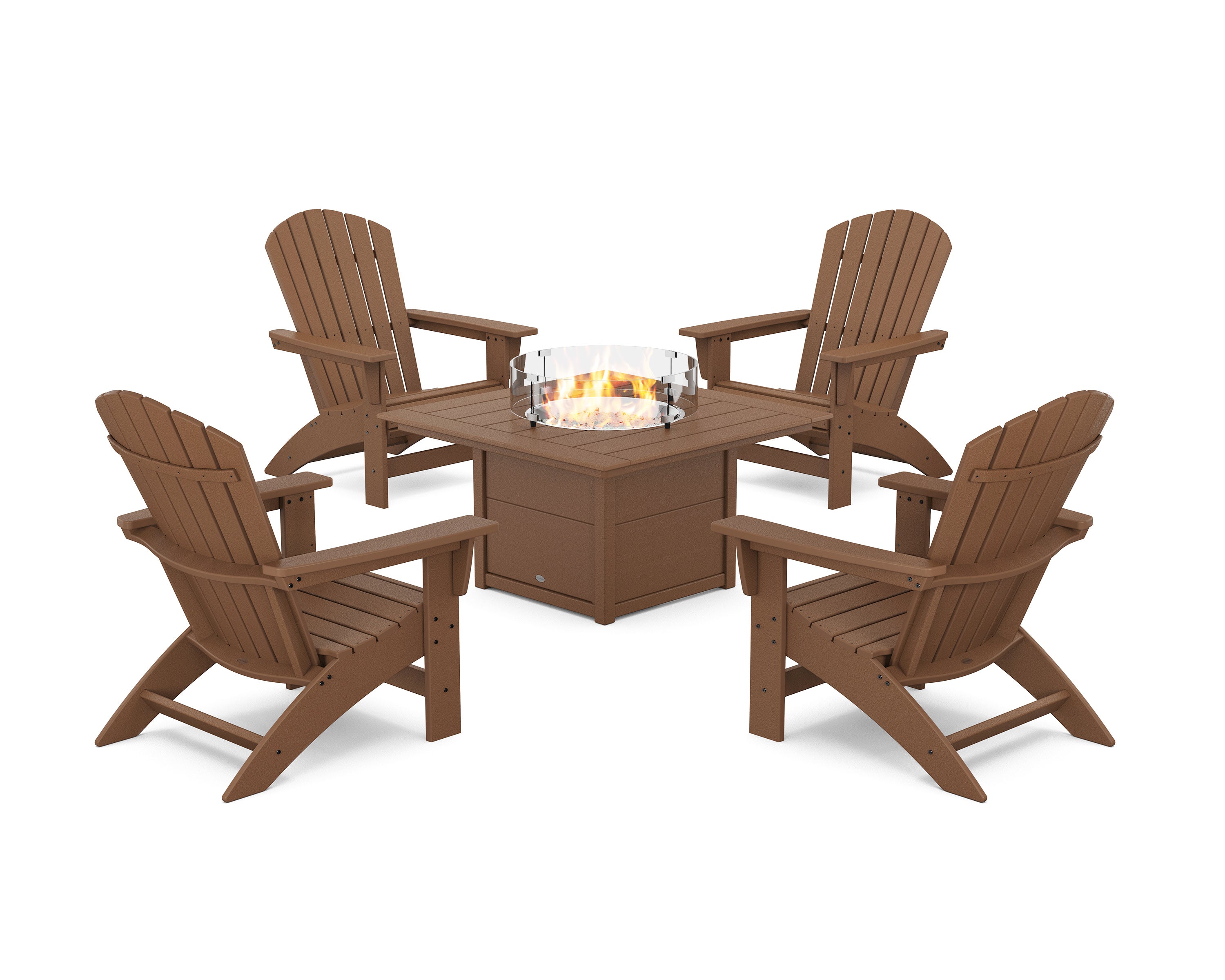 5-Piece Nautical Grand Adirondack Conversation Set with Fire Pit Table in Teak