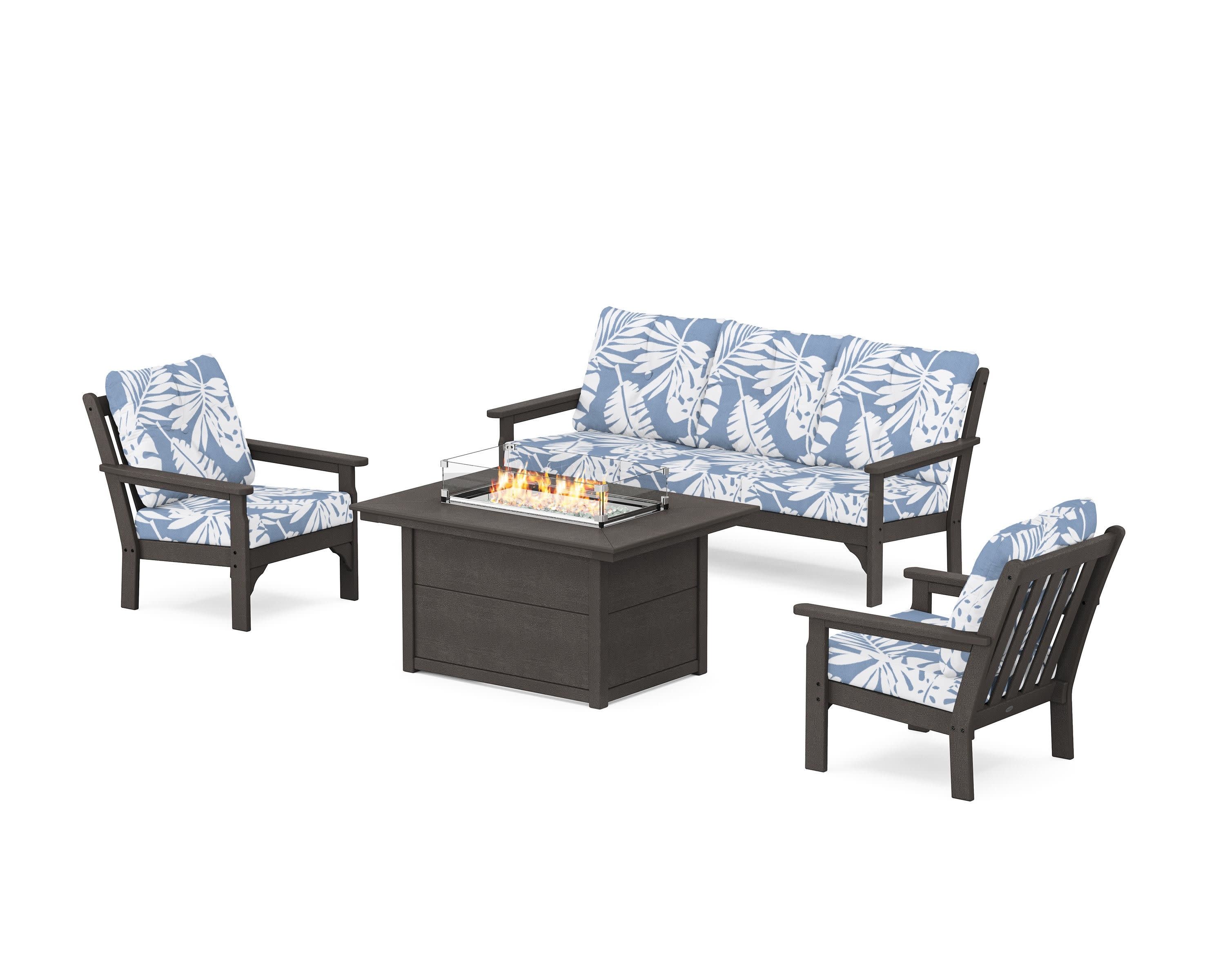 Vineyard Deep Seating Fire Pit Table Set in Vintage Coffee / Leaf Sky Blue