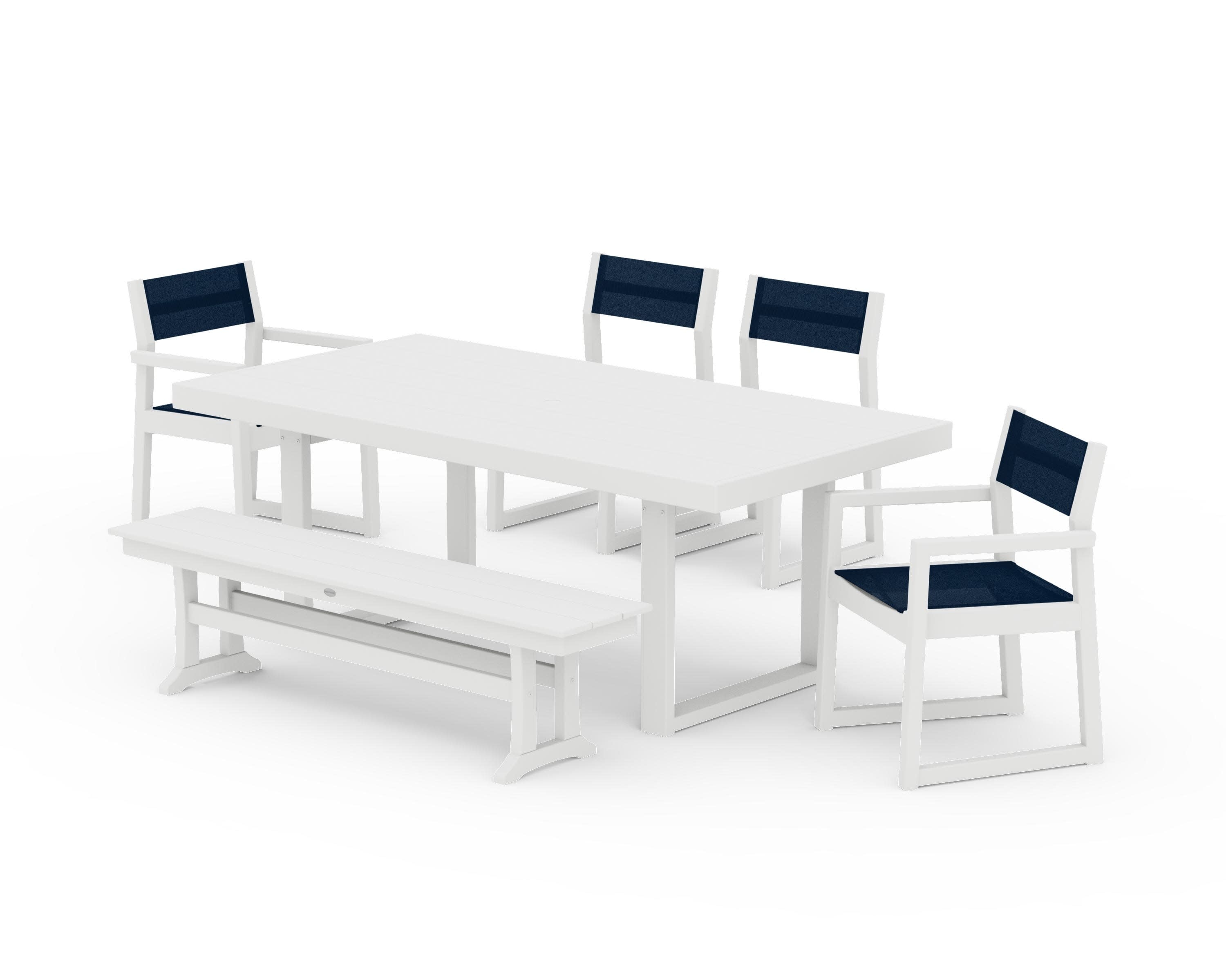 EDGE Sling 6-Piece Dining Set with Bench in White / Navy Blue Sling