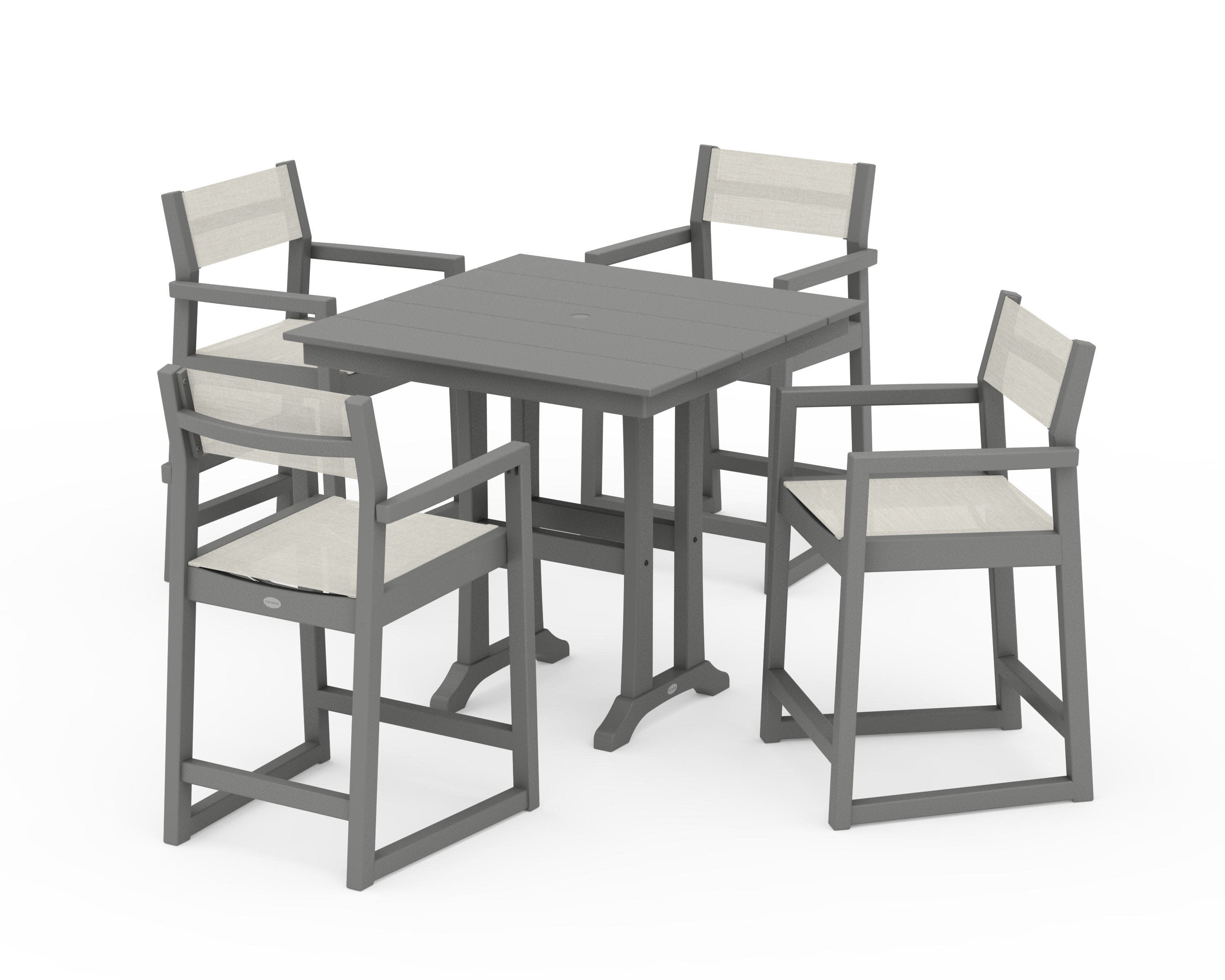 EDGE Sling Arm Chair 5-Piece Farmhouse Counter Set with Trestle Legs in Slate Grey / Parchment Sling