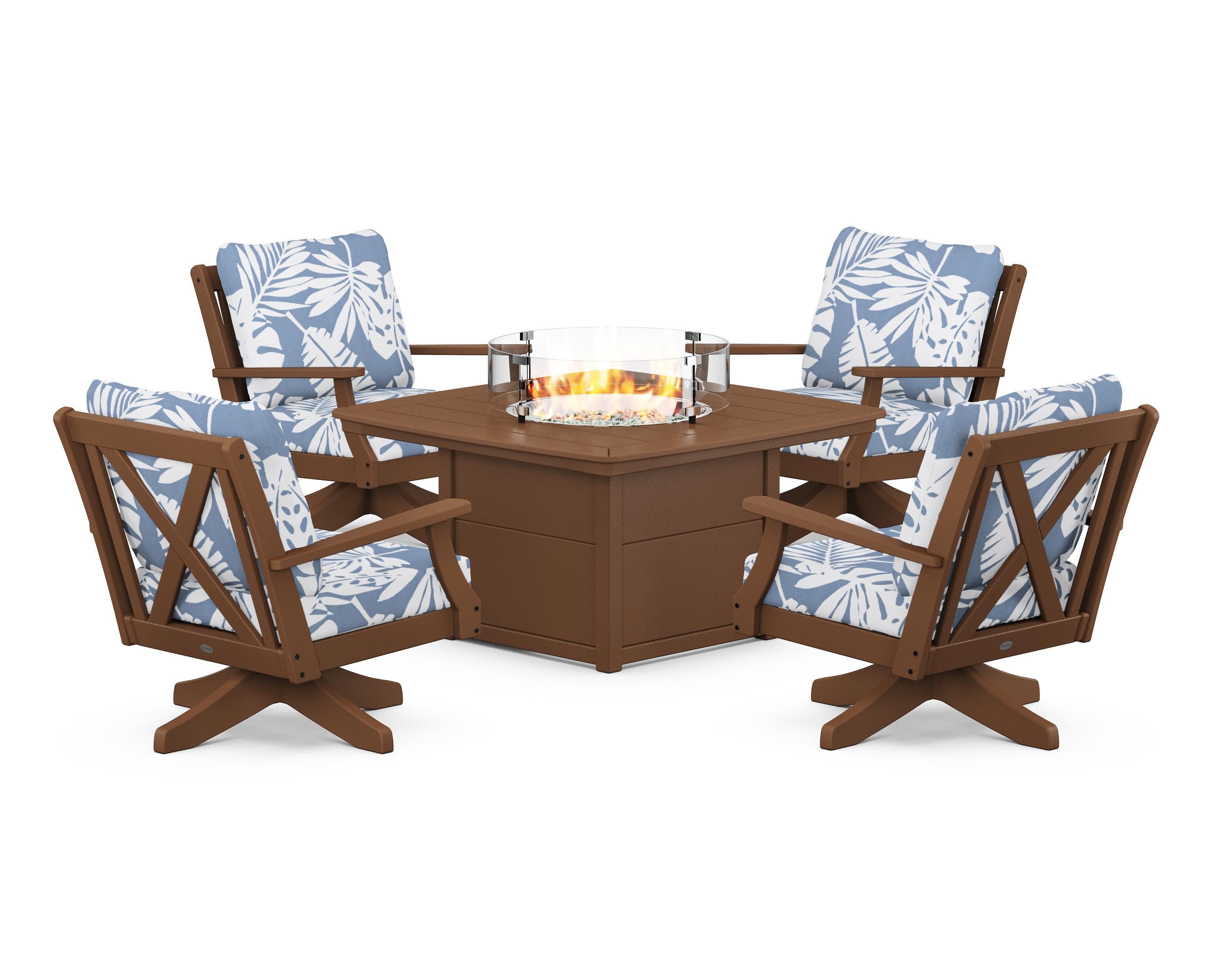 Braxton 5-Piece Deep Seating Swivel Conversation Set with Fire Pit Table in Teak / Leaf Sky Blue