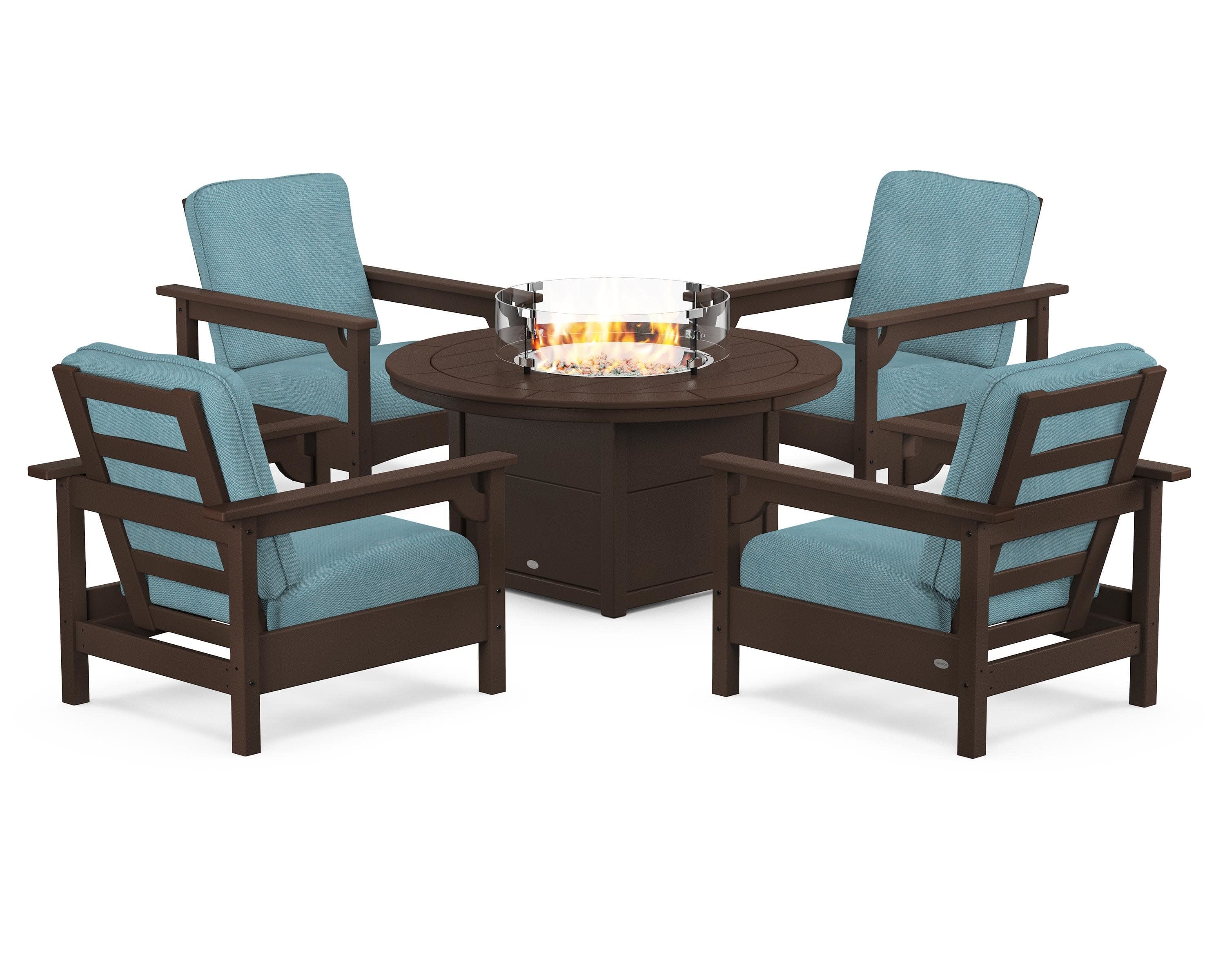 Club 5-Piece Conversation Set with Fire Pit Table in Mahogany / Lattice Sky Blue