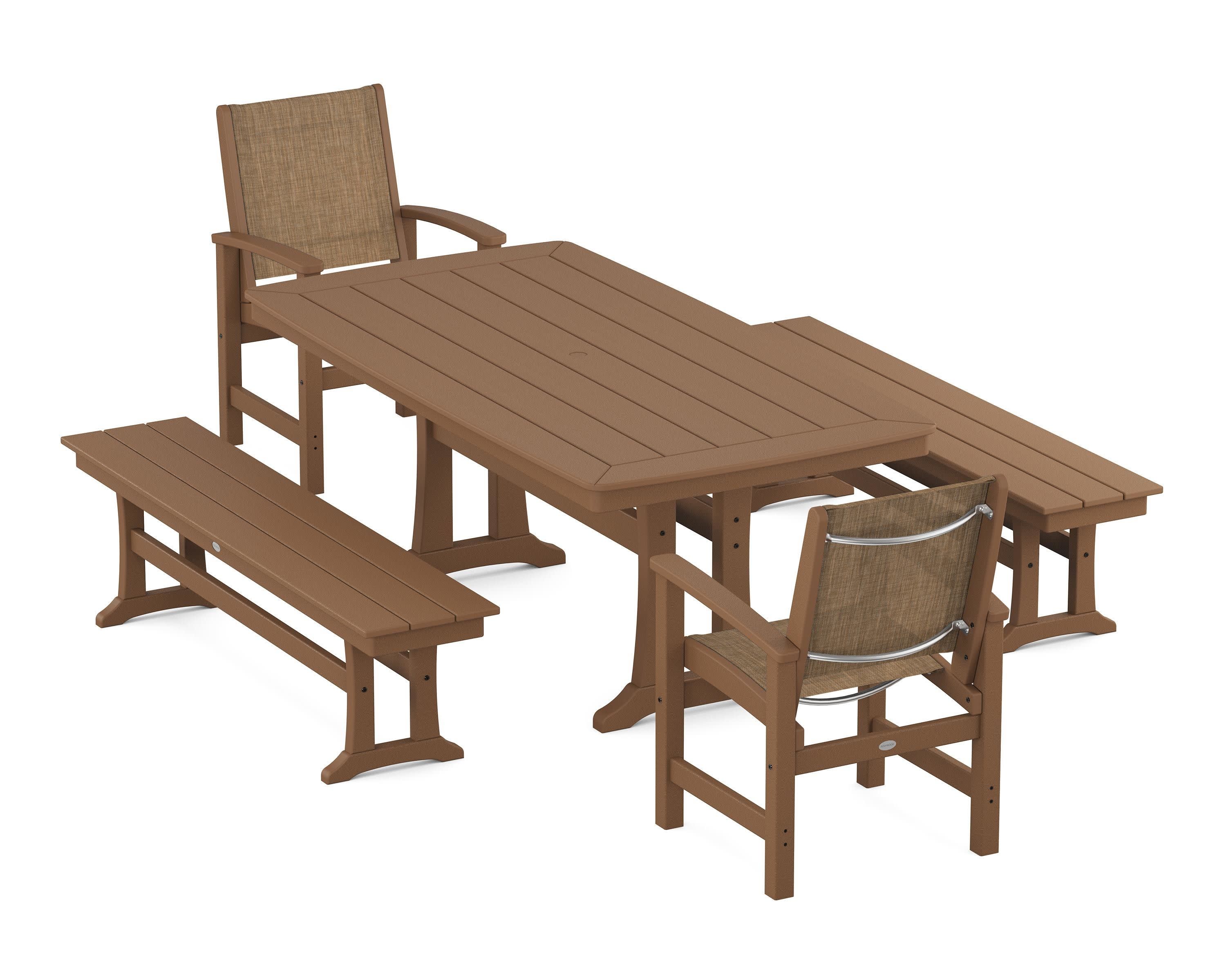 Coastal 5-Piece Dining Set with Trestle Legs and Benches in Teak / Burlap Sling