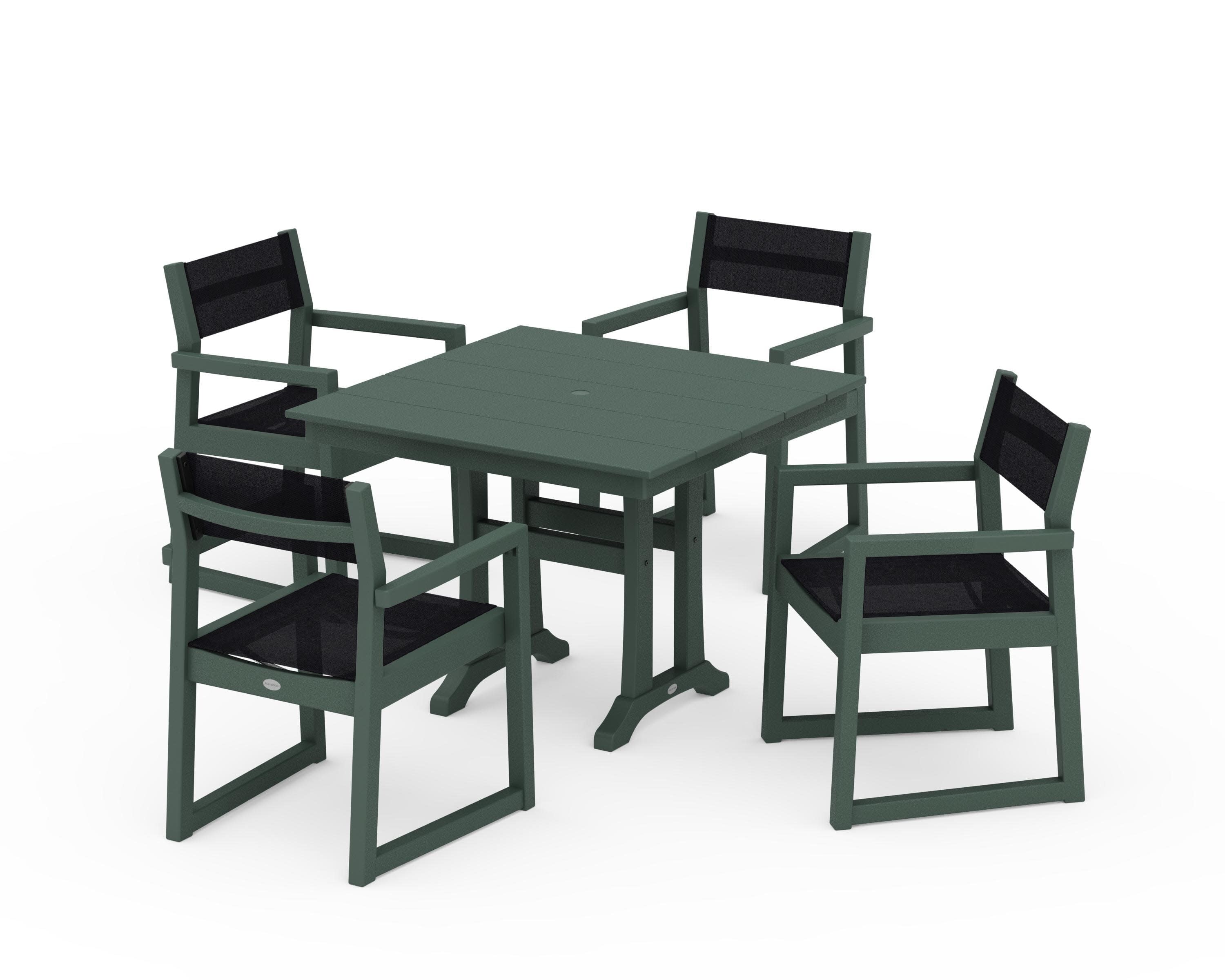 EDGE Sling 5-Piece Farmhouse Dining Set with Trestle Legs in Green / Black Sling