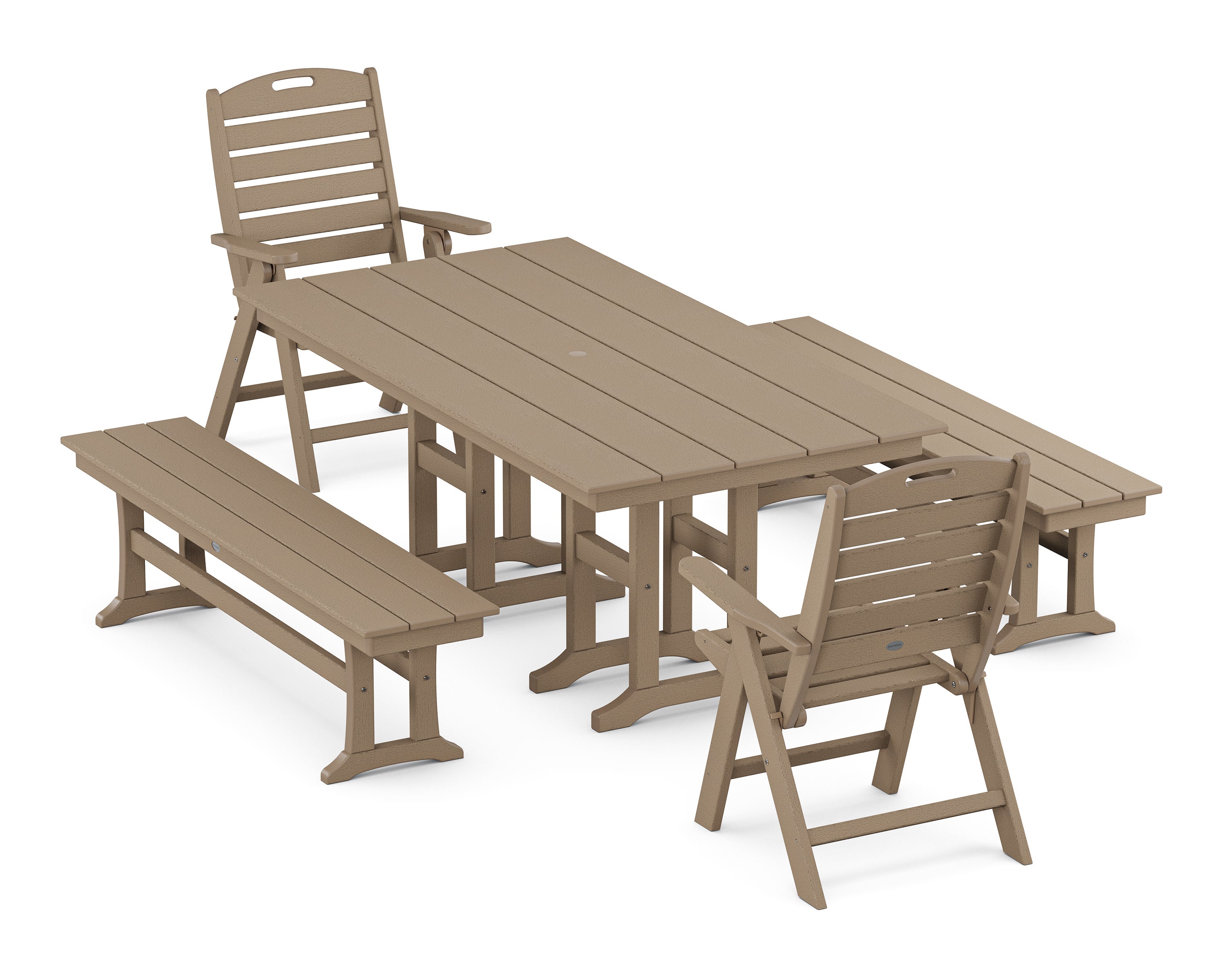 Nautical Highback 5-Piece Farmhouse Dining Set with Benches in Vintage Sahara