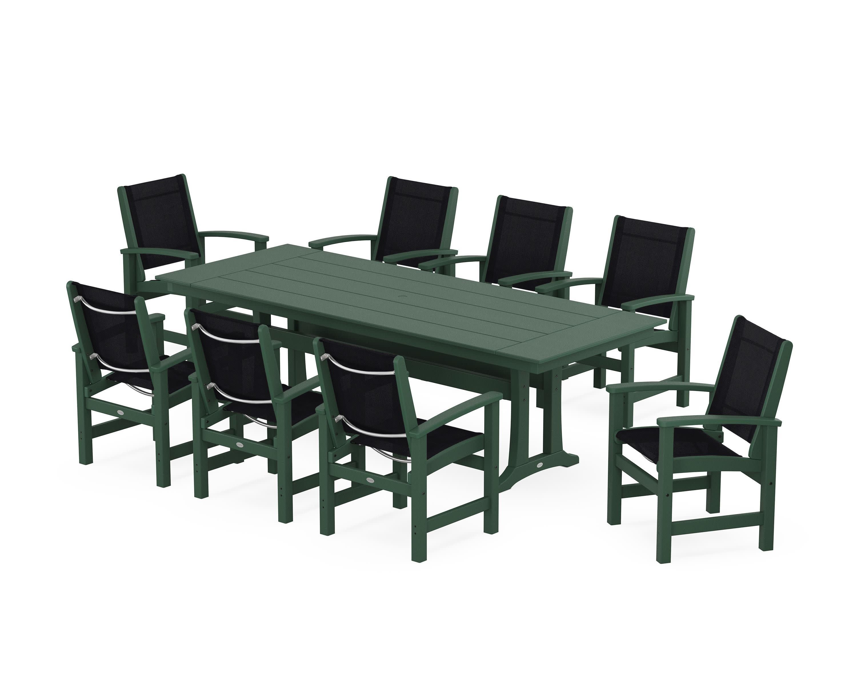 Coastal 9-Piece Farmhouse Dining Set with Trestle Legs in Green / Black Sling