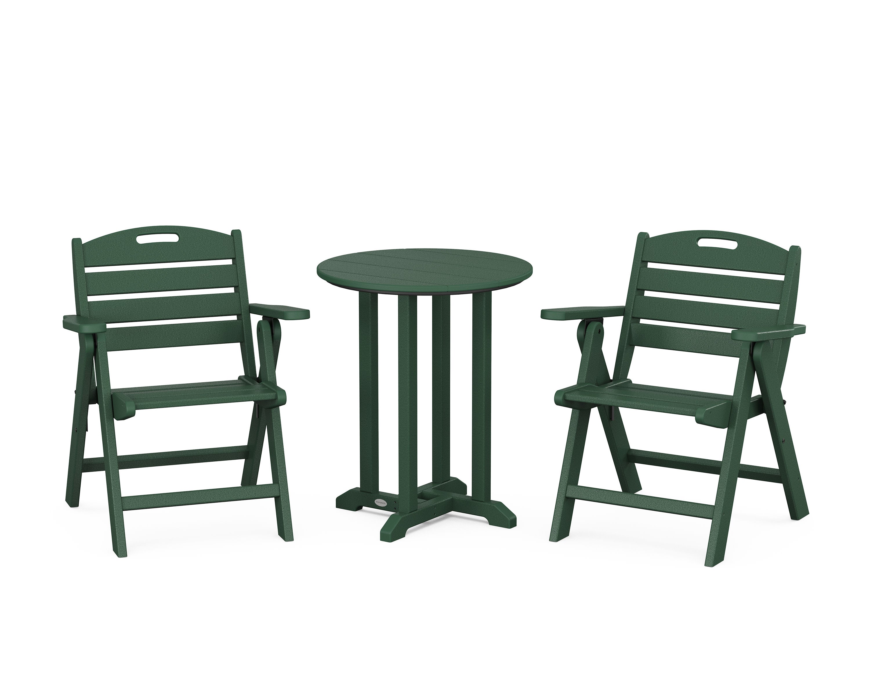 Nautical Folding Lowback Chair 3-Piece Round Bistro Dining Set in Green