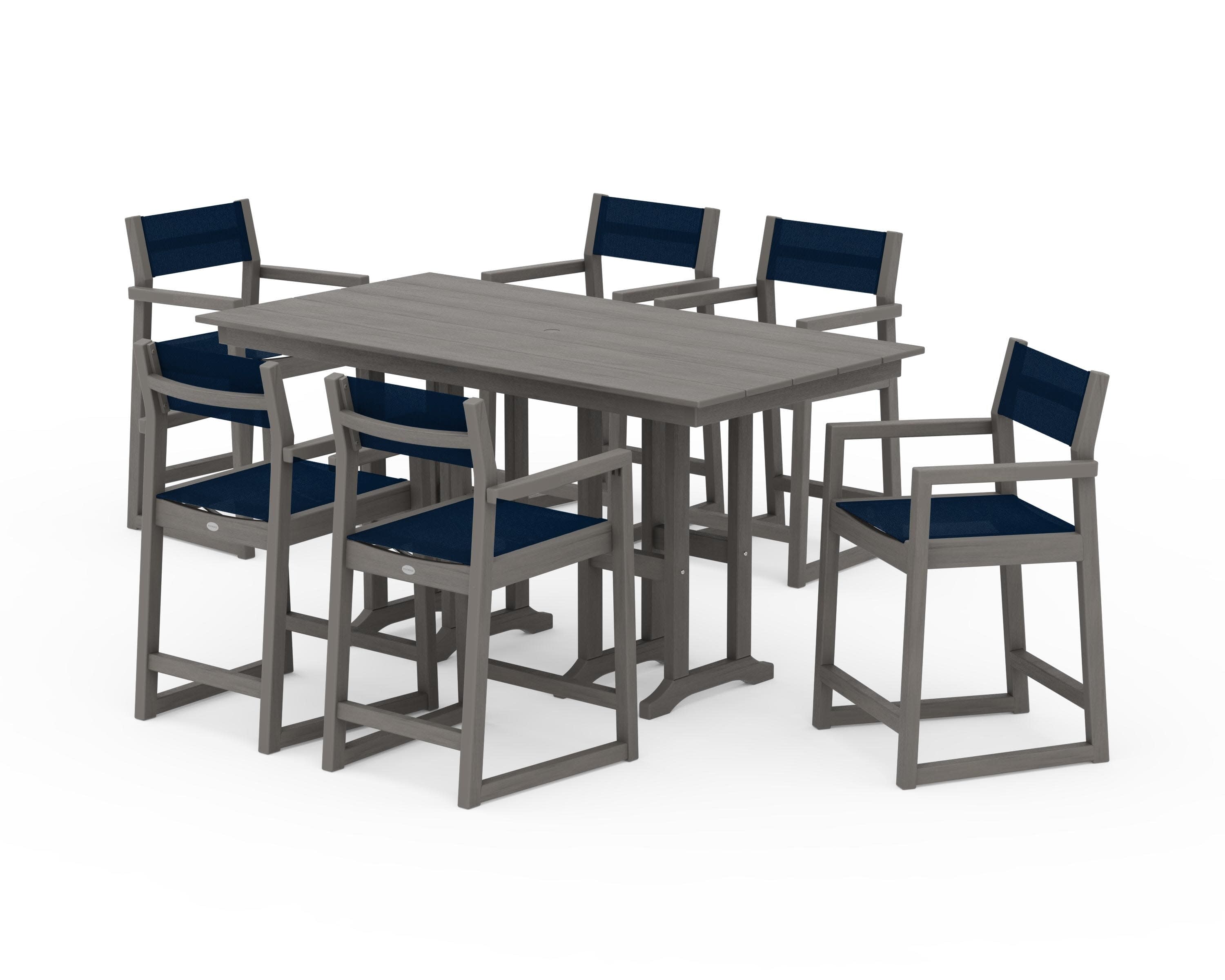 EDGE Sling Arm Chair 7-Piece Farmhouse Counter Set in Driftwood / Navy Blue Sling
