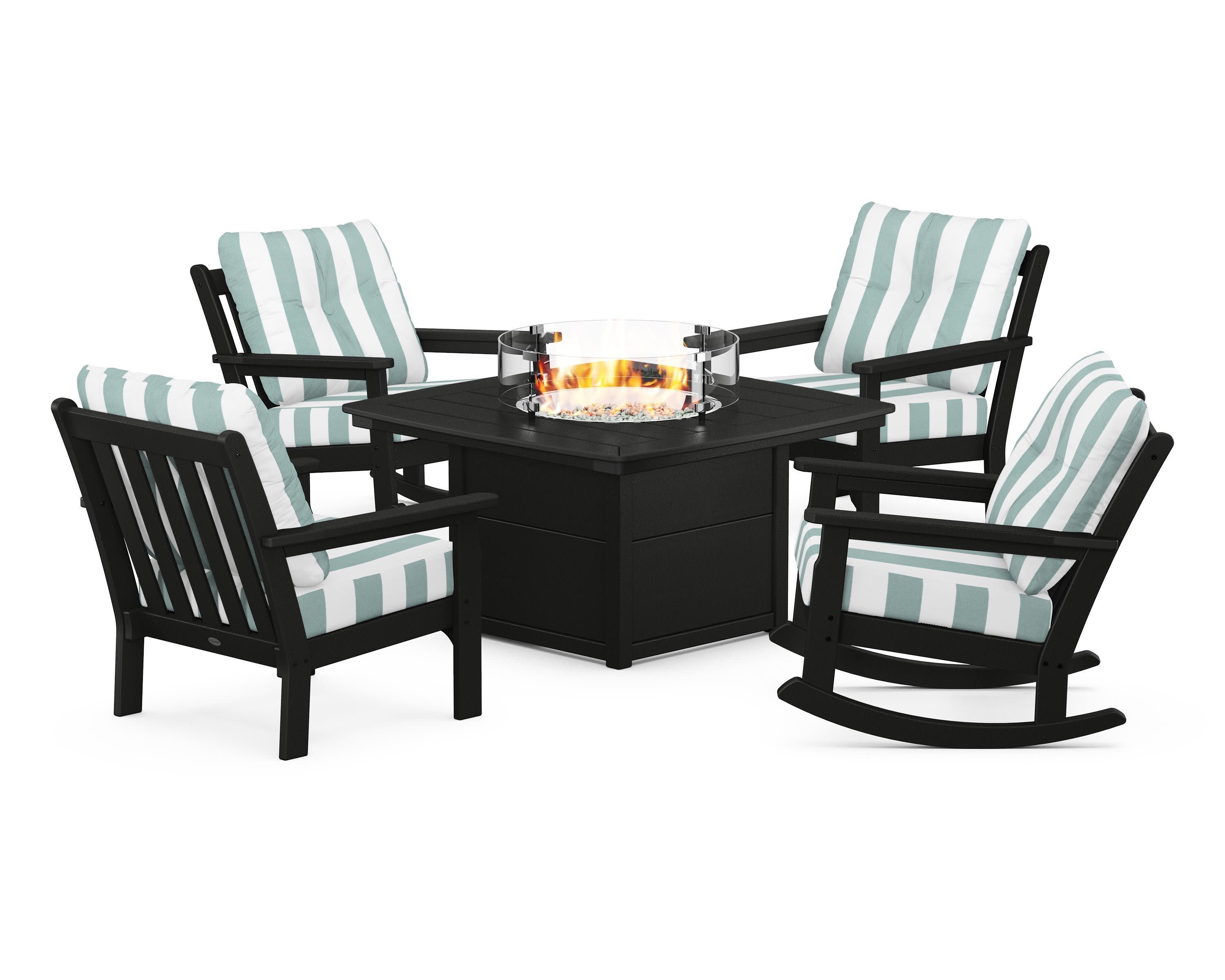 Vineyard 5-Piece Deep Seating Rocking Chair Conversation Set with Fire Pit Table in Black / Cabana Stripe Glacier Spa