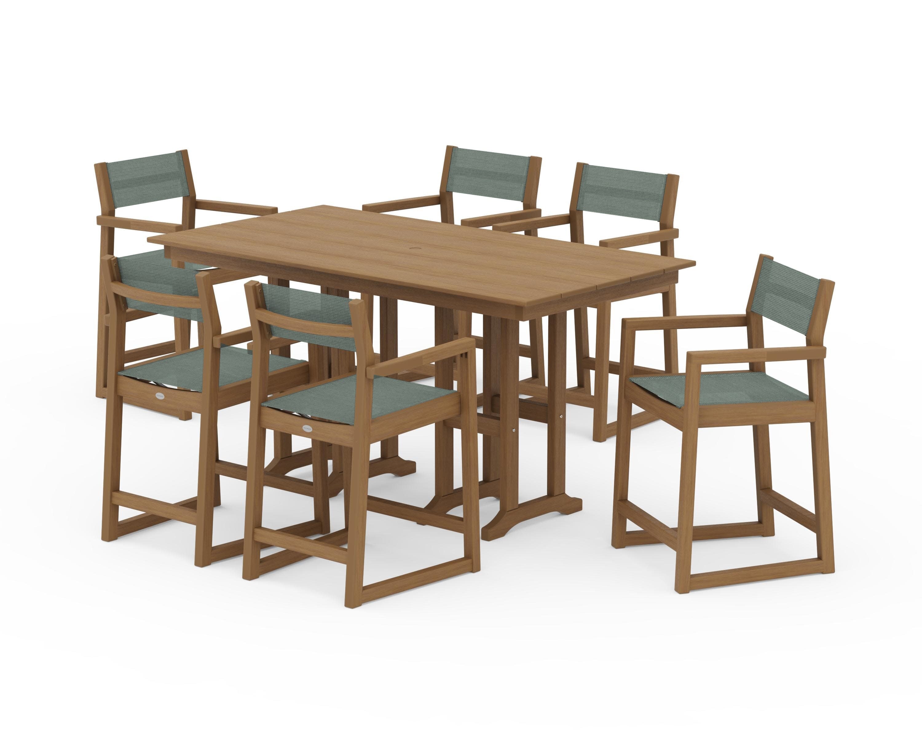 EDGE Sling Arm Chair 7-Piece Farmhouse Counter Set in Natural / Dupioni Sea Mist Sling