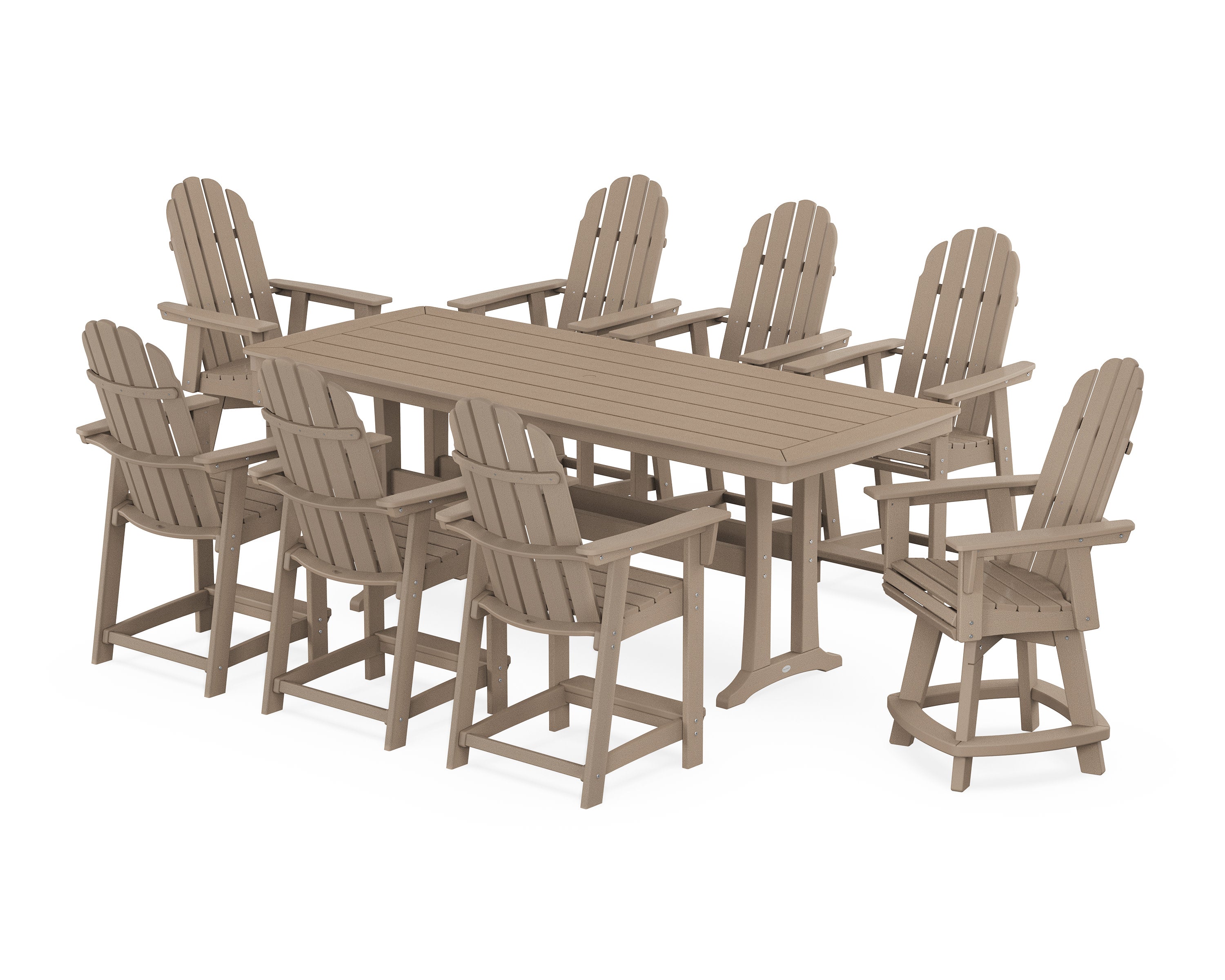 Vineyard Curveback Adirondack Swivel 9-Piece Counter Set with Trestle Legs in Vintage Sahara