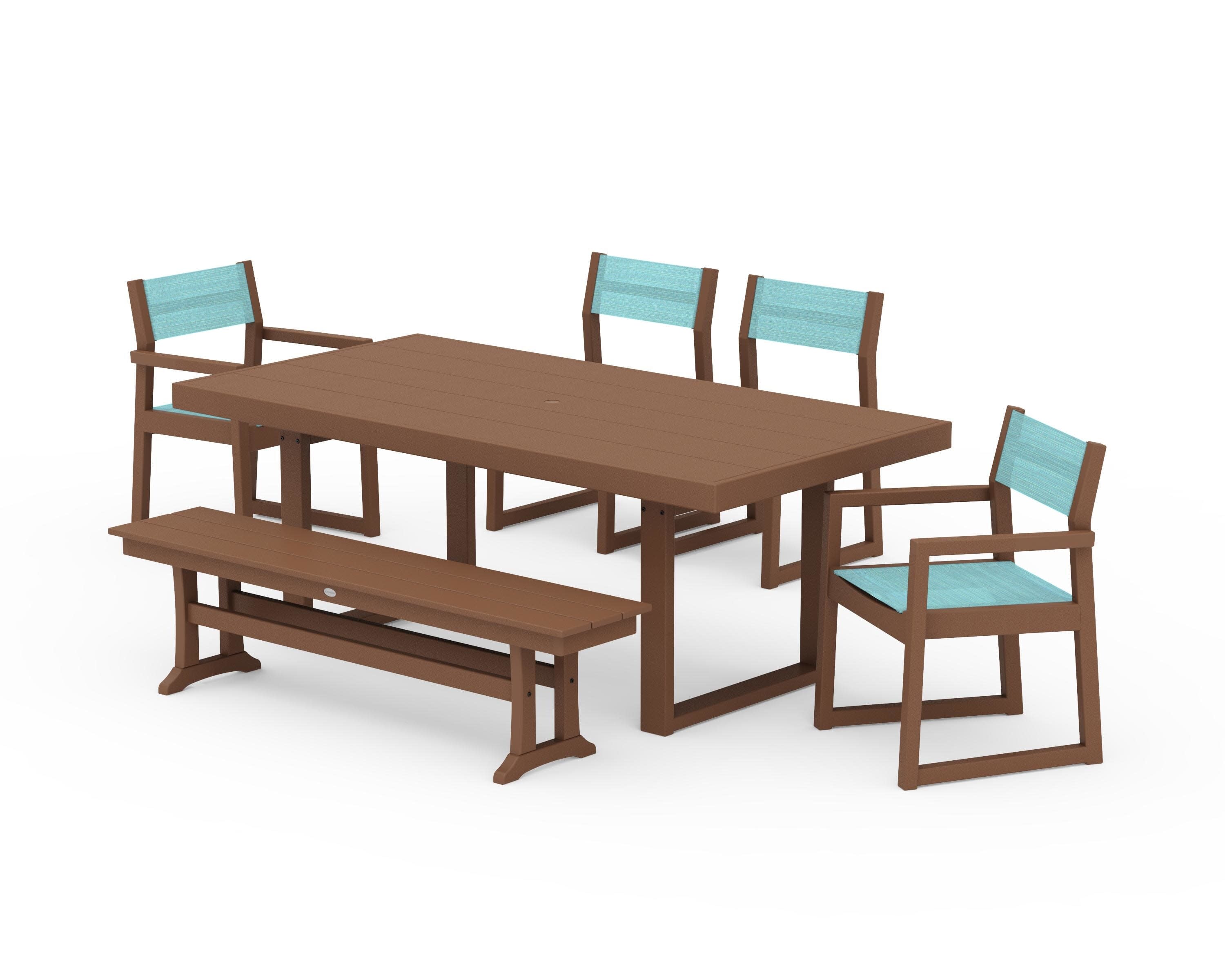EDGE Sling 6-Piece Dining Set with Bench in Teak / Dupioni Aquamarine Sling