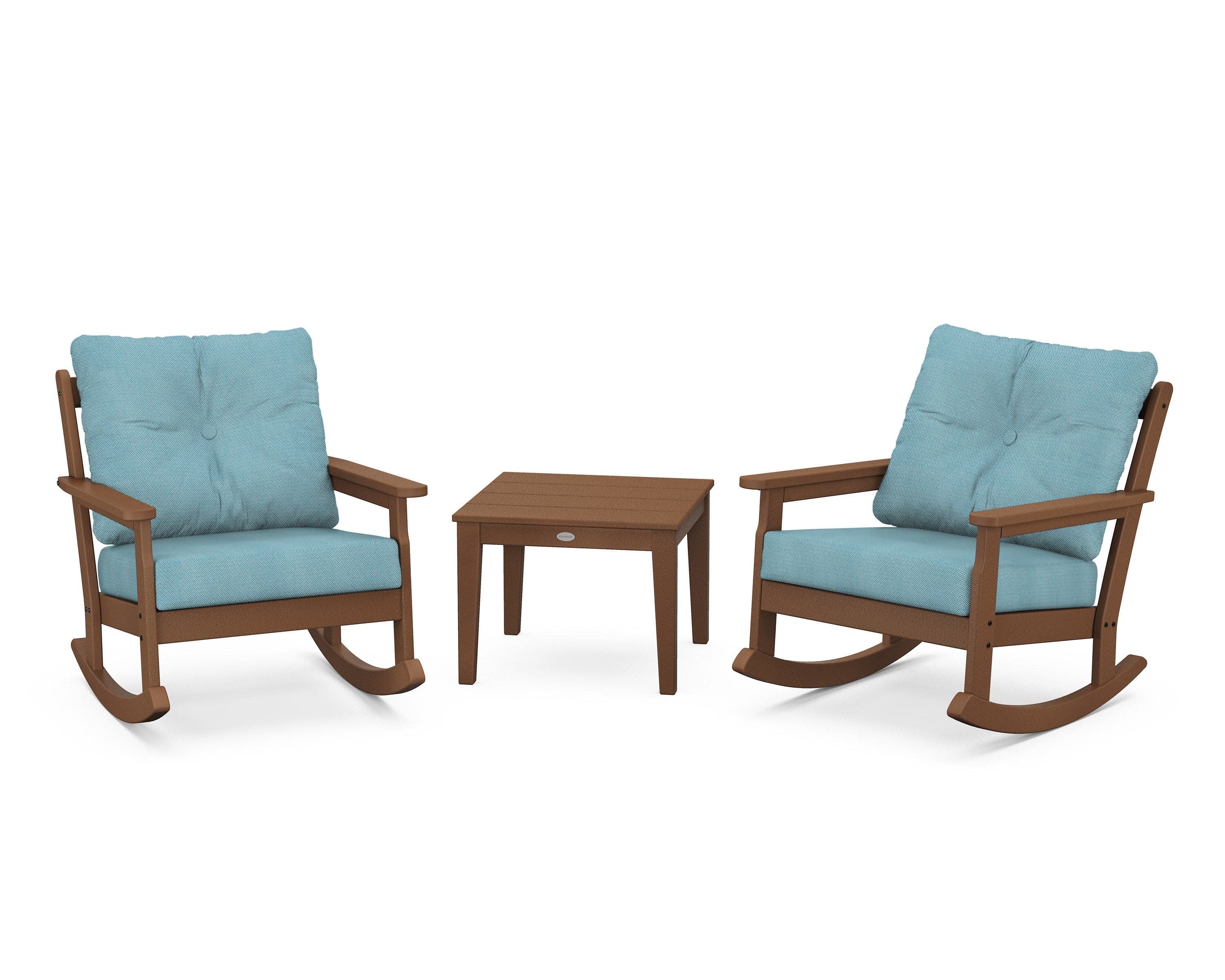 Vineyard 3-Piece Deep Seating Rocker Set in Teak / Lattice Sky Blue