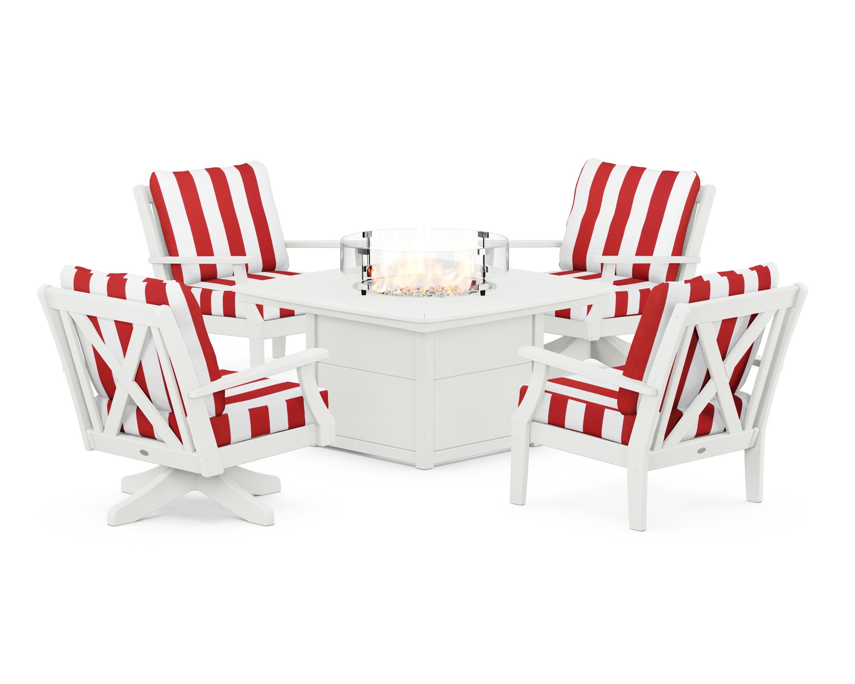 Braxton 5-Piece Deep Seating Set with Fire Table in Vintage White / Cabana Stripe Crimson