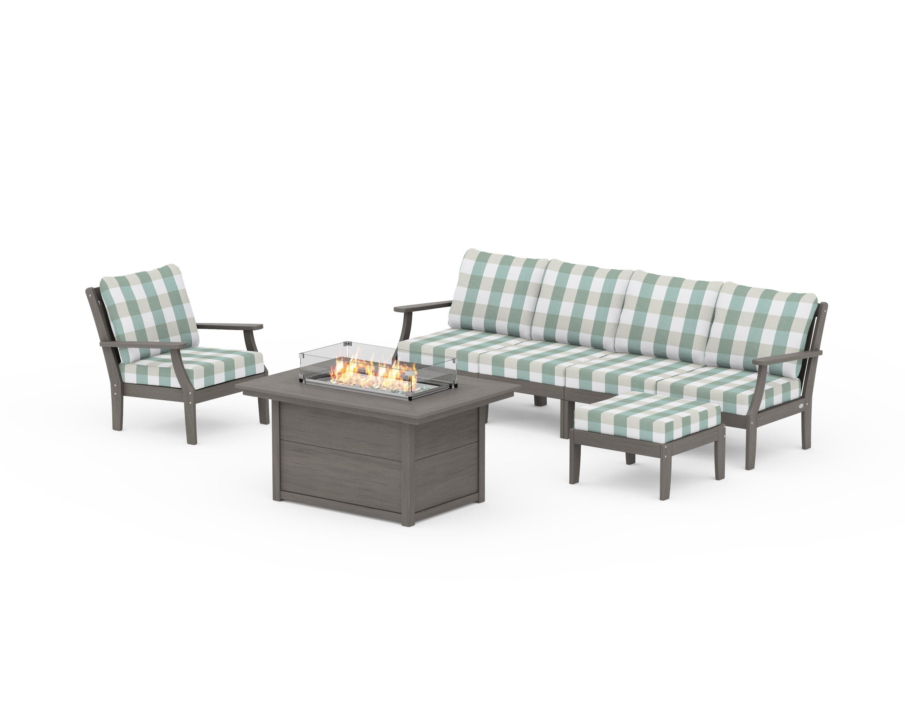 Braxton Sectional Lounge and Fire Pit Set in Driftwood / Buffalo Plaid Glacier Spa