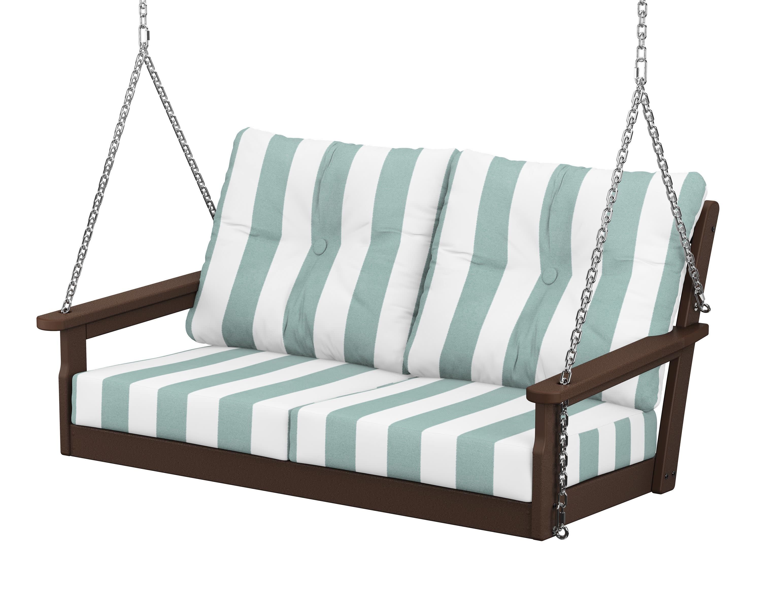 Vineyard Deep Seating Swing in Mahogany / Cabana Stripe Glacier Spa