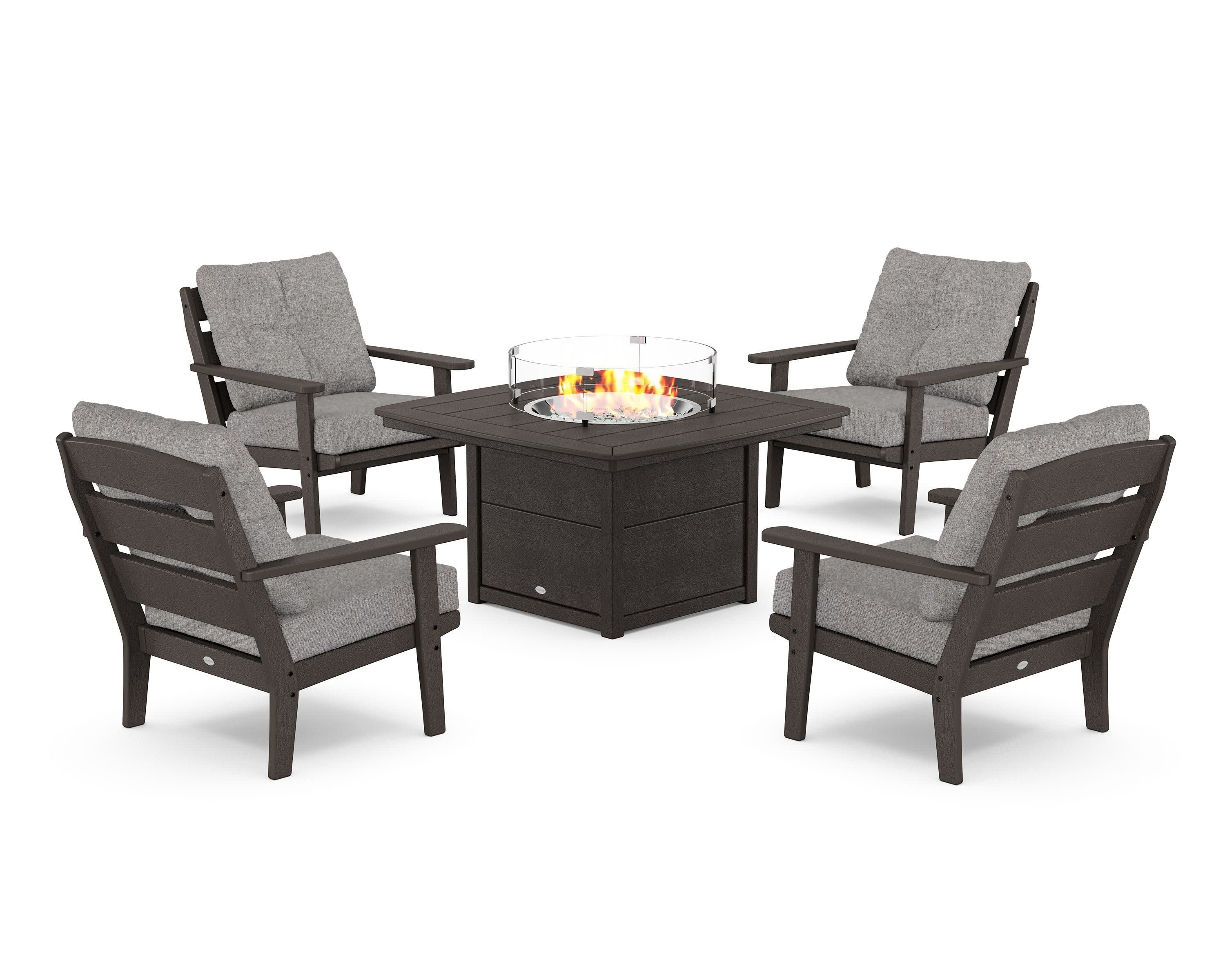 Lakeside 5-Piece Deep Seating Set with Nautical Fire Pit Table in Vintage Coffee / Grey Mist