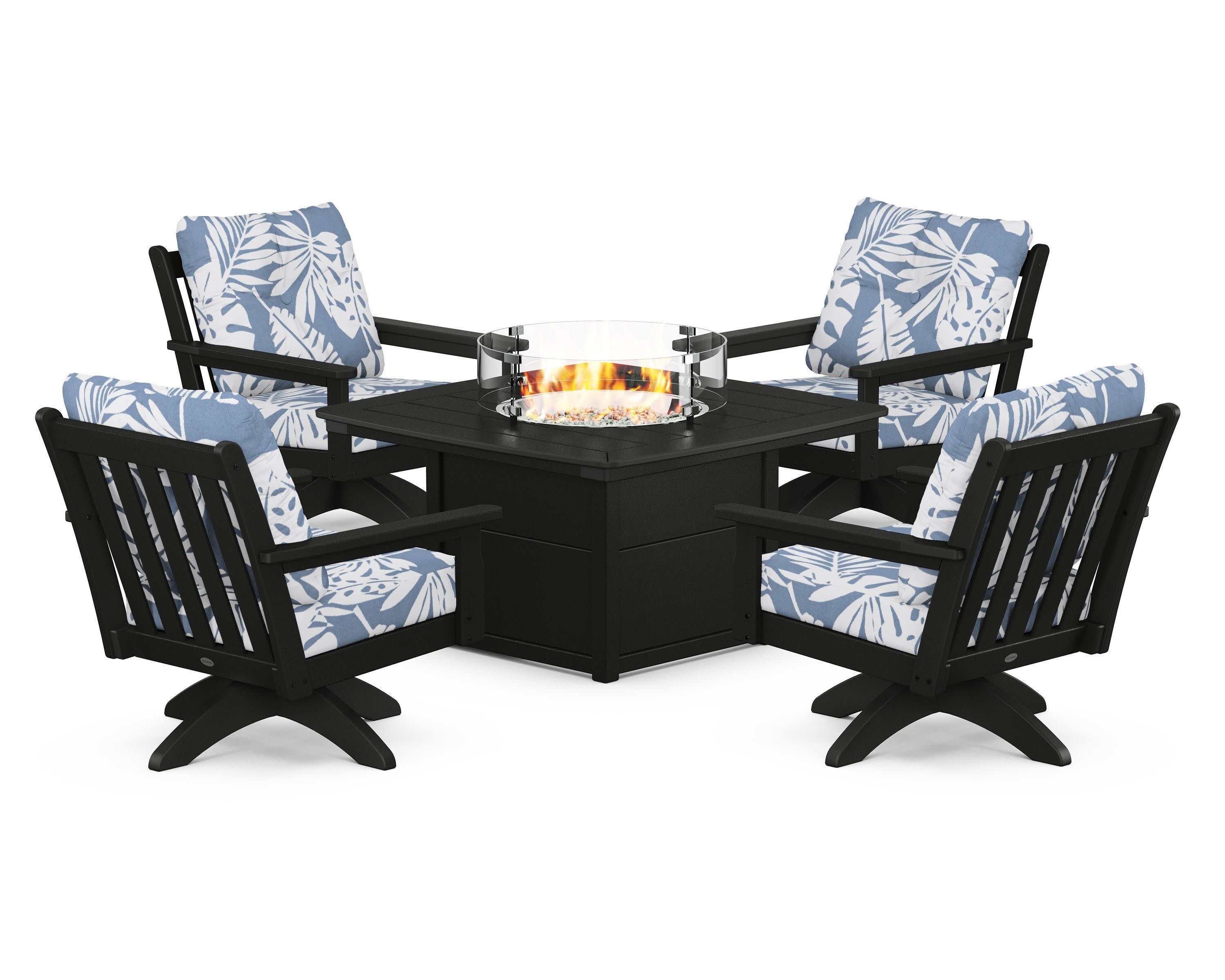 Vineyard 5-Piece Deep Seating Swivel Conversation Set with Fire Pit Table in Black / Leaf Sky Blue