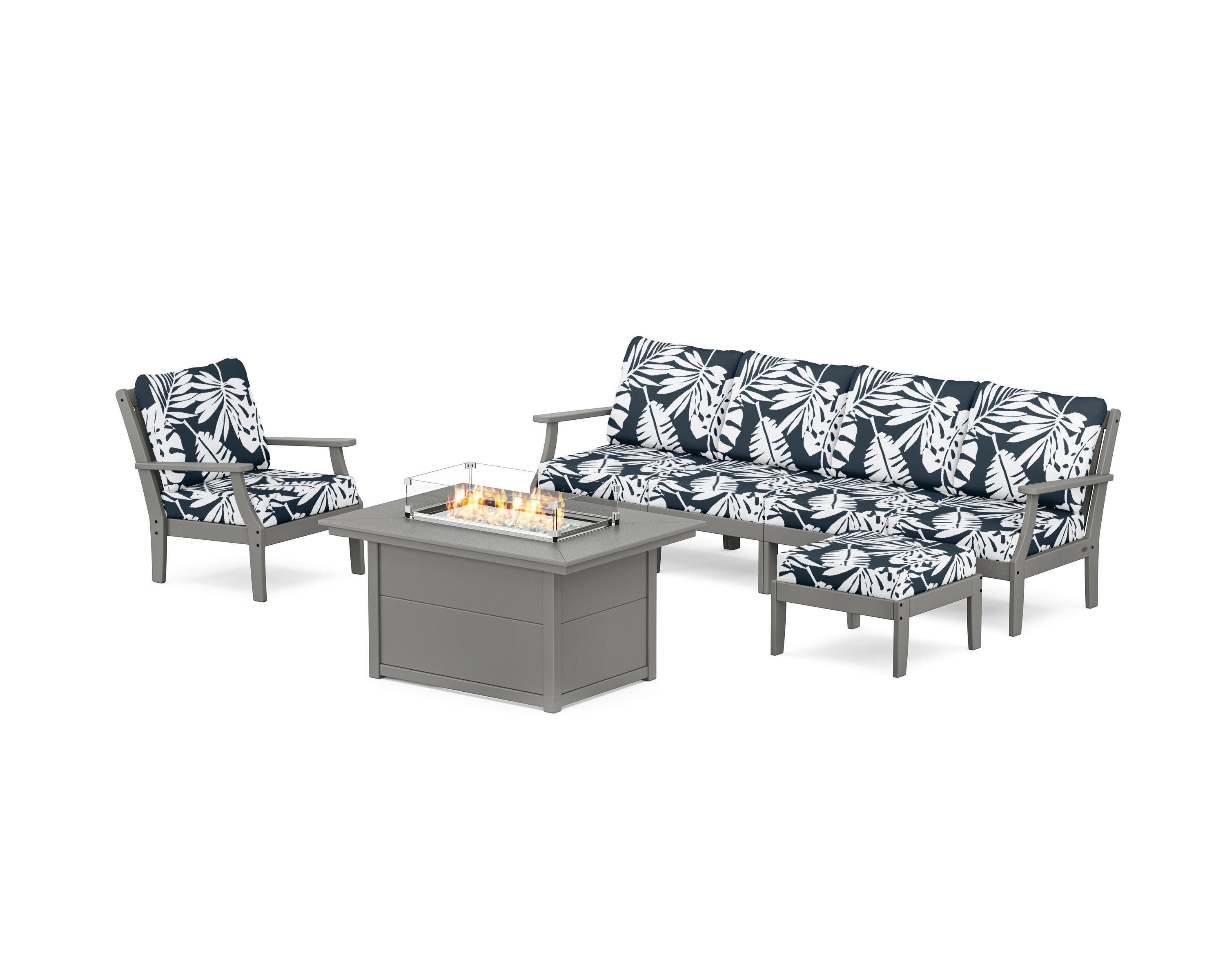 Braxton Sectional Lounge and Fire Pit Set in Slate Grey / Leaf Marine Indigo