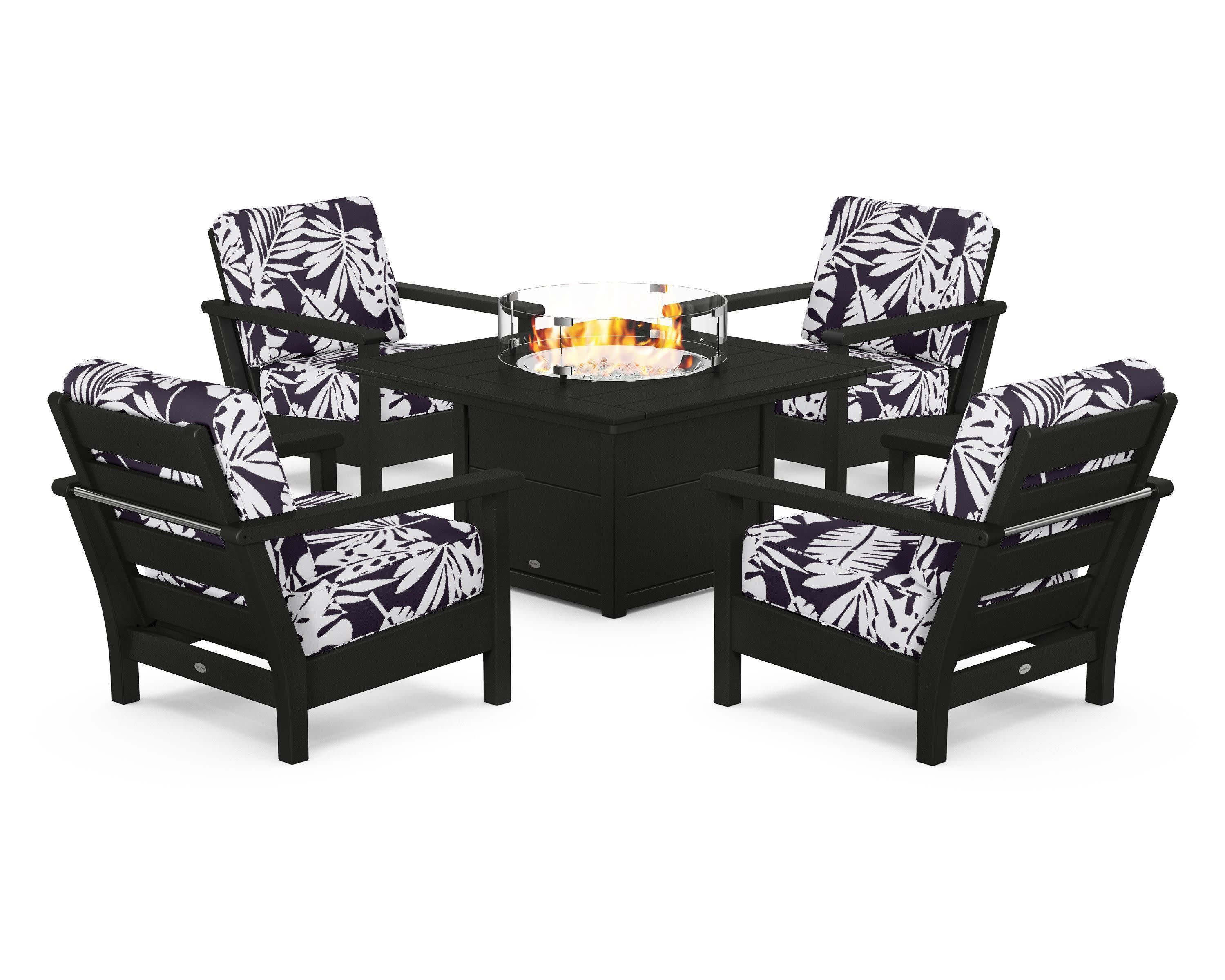 Harbour 5-Piece Conversation Set with Fire Pit Table in Black / Leaf Navy