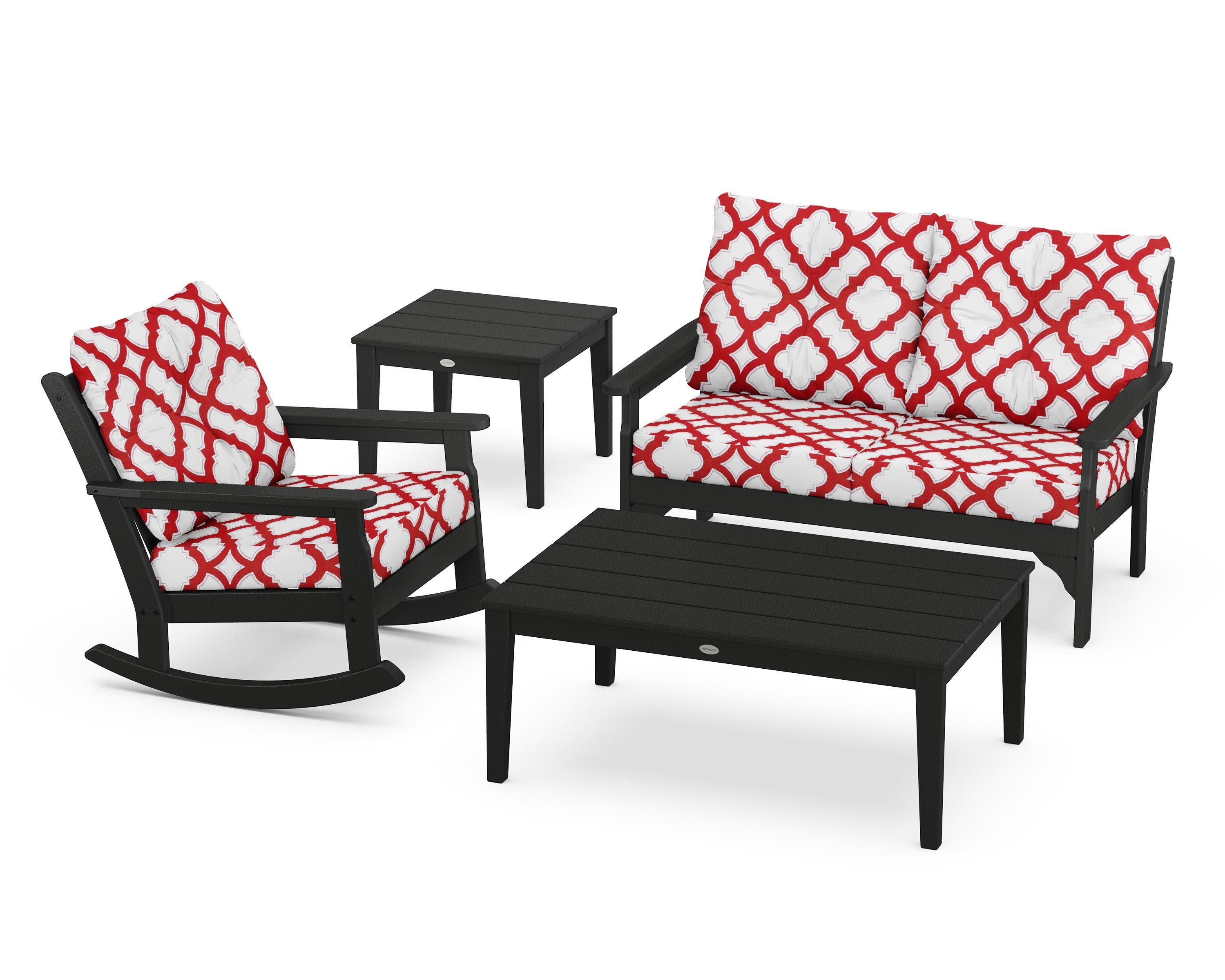 Vineyard 4-Piece Deep Seating Rocker Set in Black / Trellis Crimson