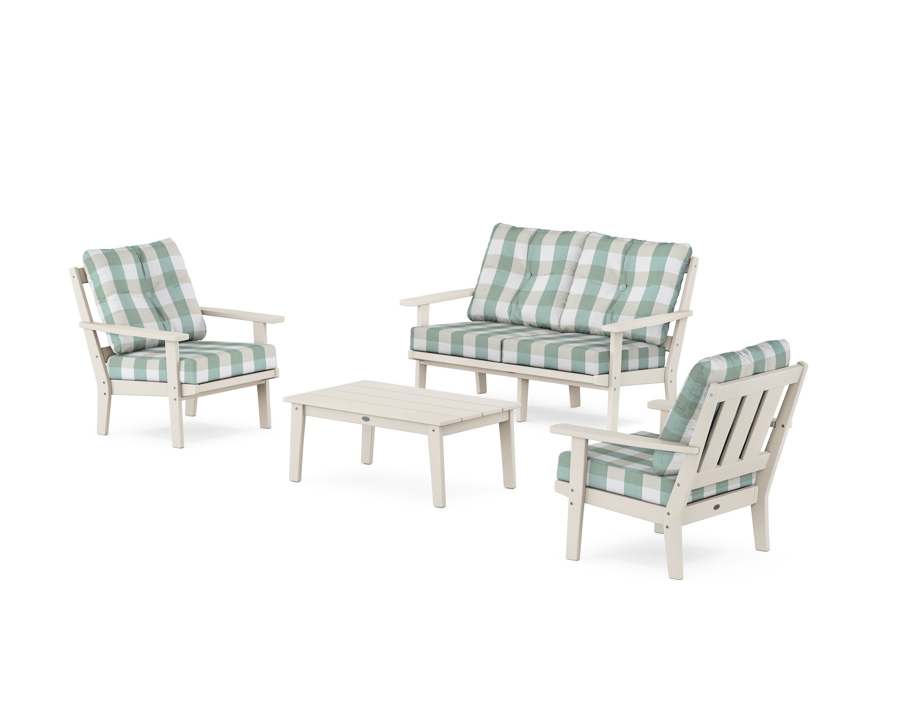 Oxford 4-Piece Deep Seating Set with Loveseat in Sand / Buffalo Plaid Glacier Spa