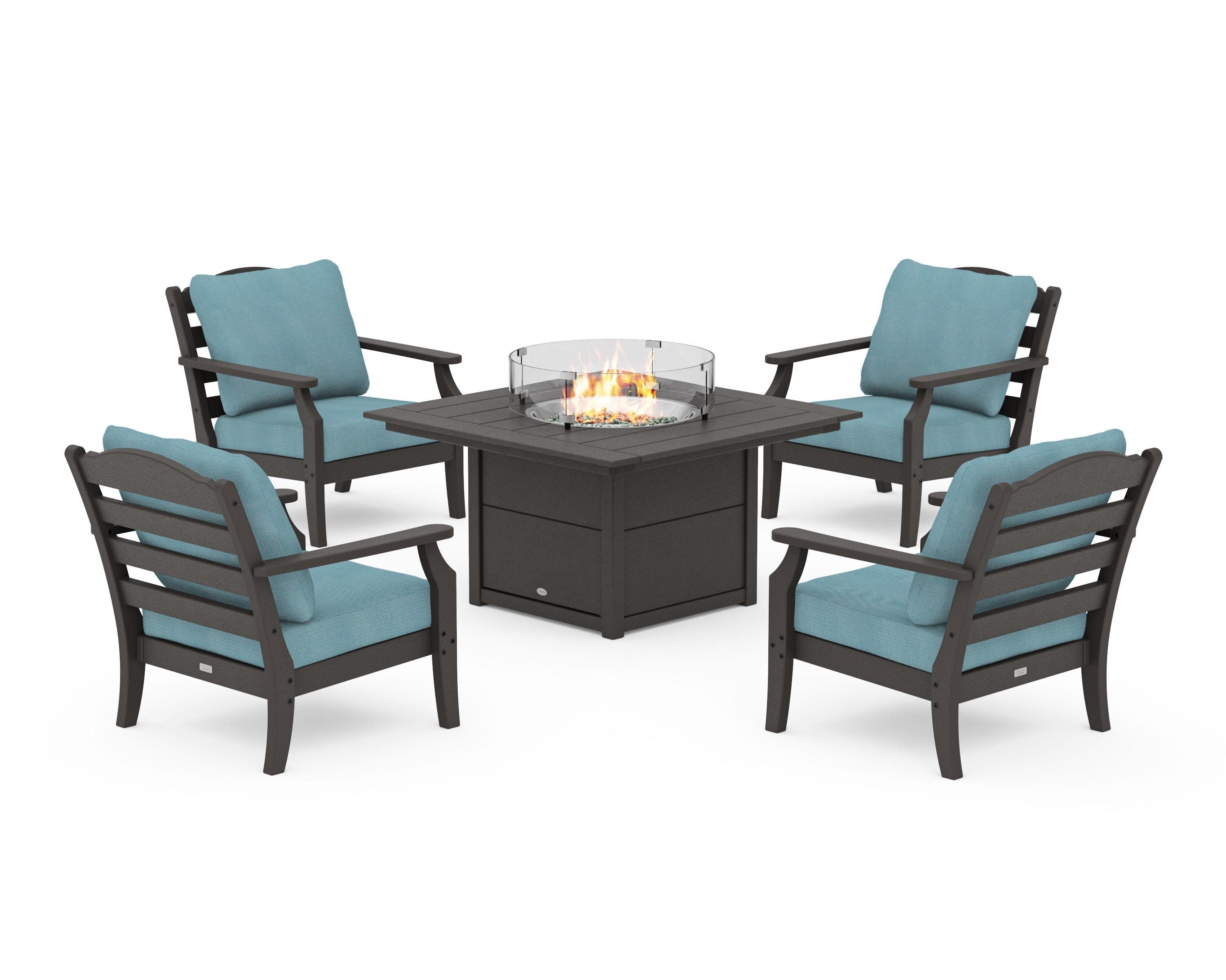 Savannah 5-Piece Deep Seating Set with Fire Pit Table in Vintage Coffee / Lattice Sky Blue