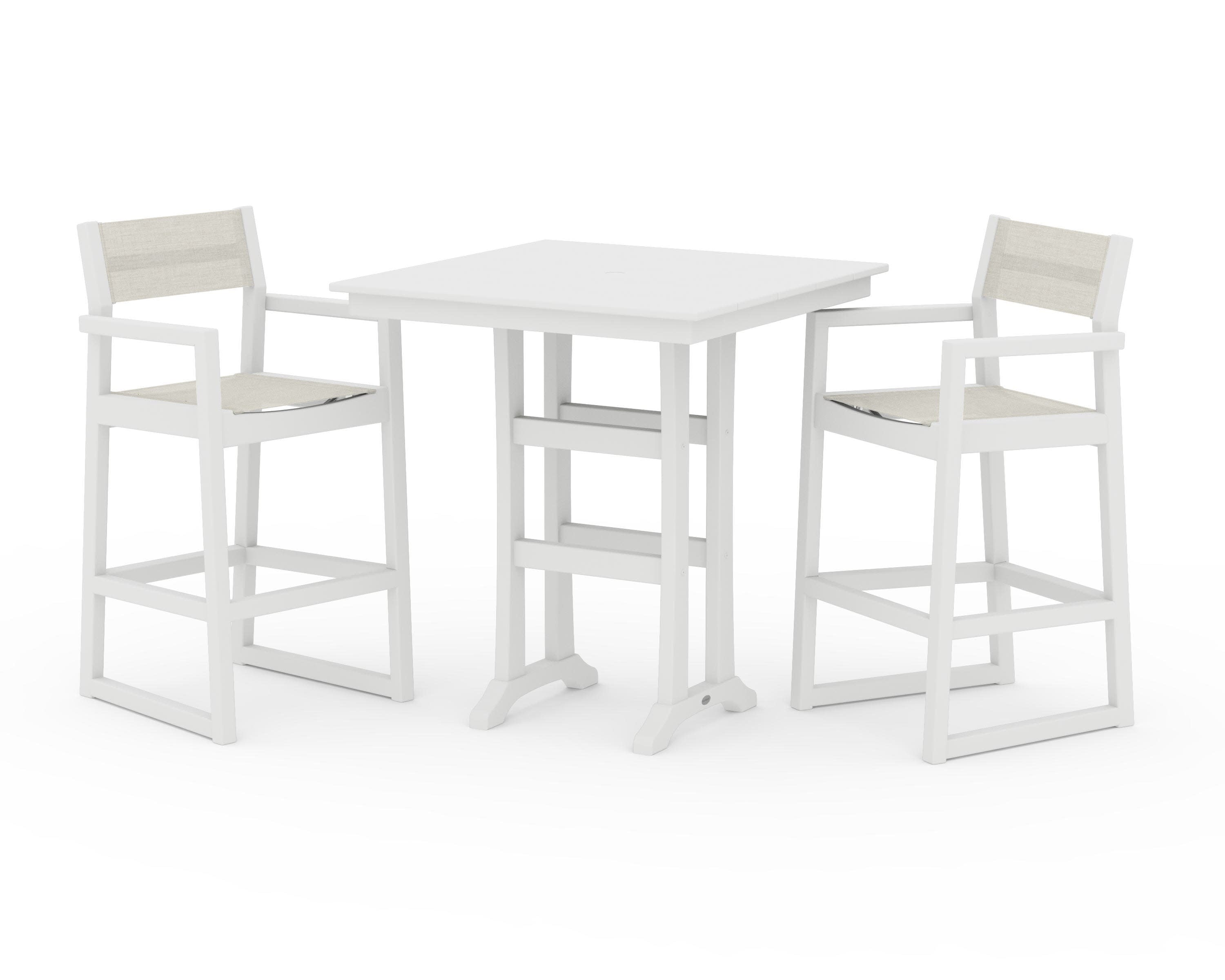 EDGE Sling Arm Chair 3-Piece Farmhouse Bar Set with Trestle Legs in White / Parchment Sling