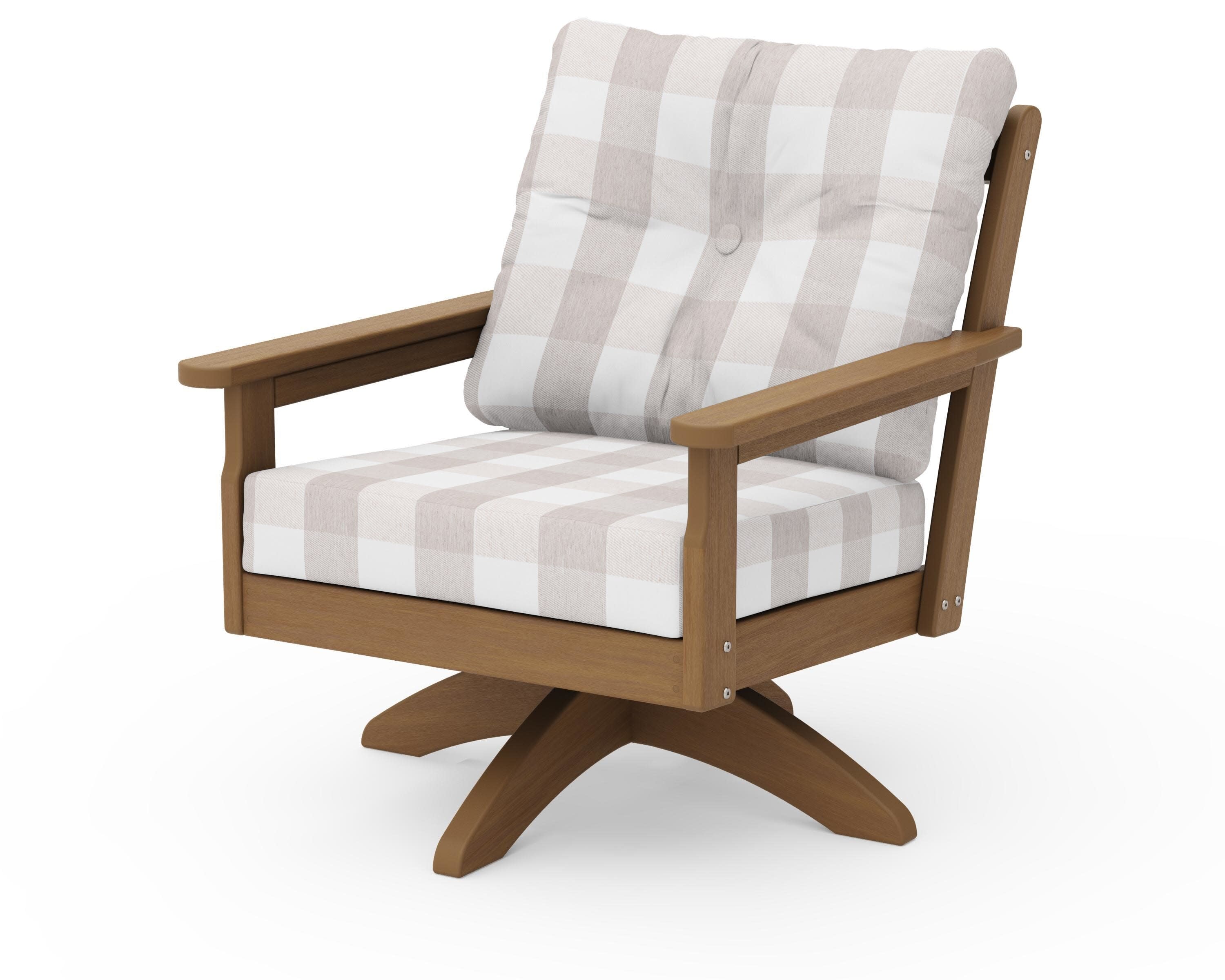 Vineyard Deep Seating Swivel Chair in Natural / Buffalo Plaid Dune Burlap