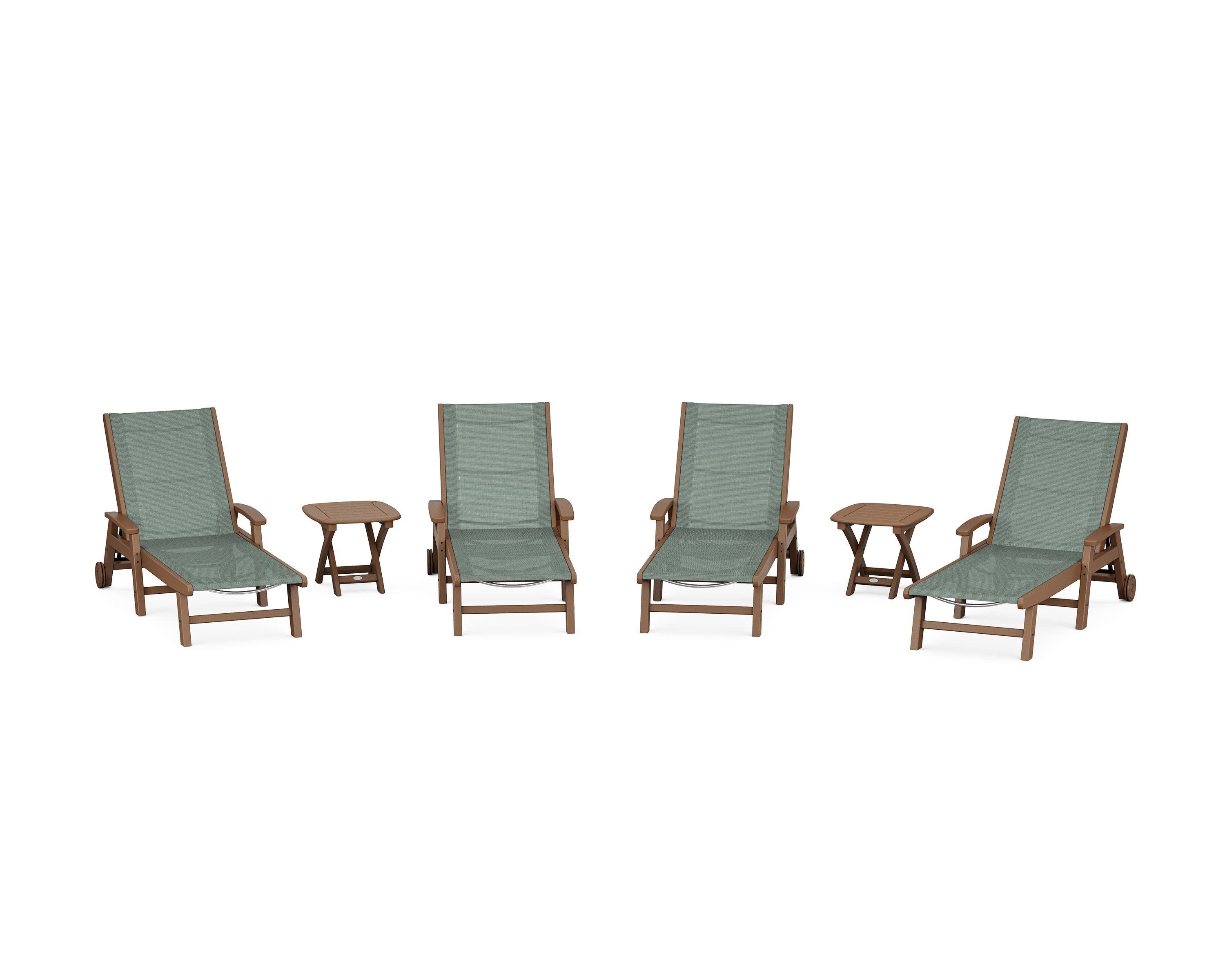 Coastal Chaise 6-Piece Set with Wheels in Teak / Dupioni Sea Mist Sling