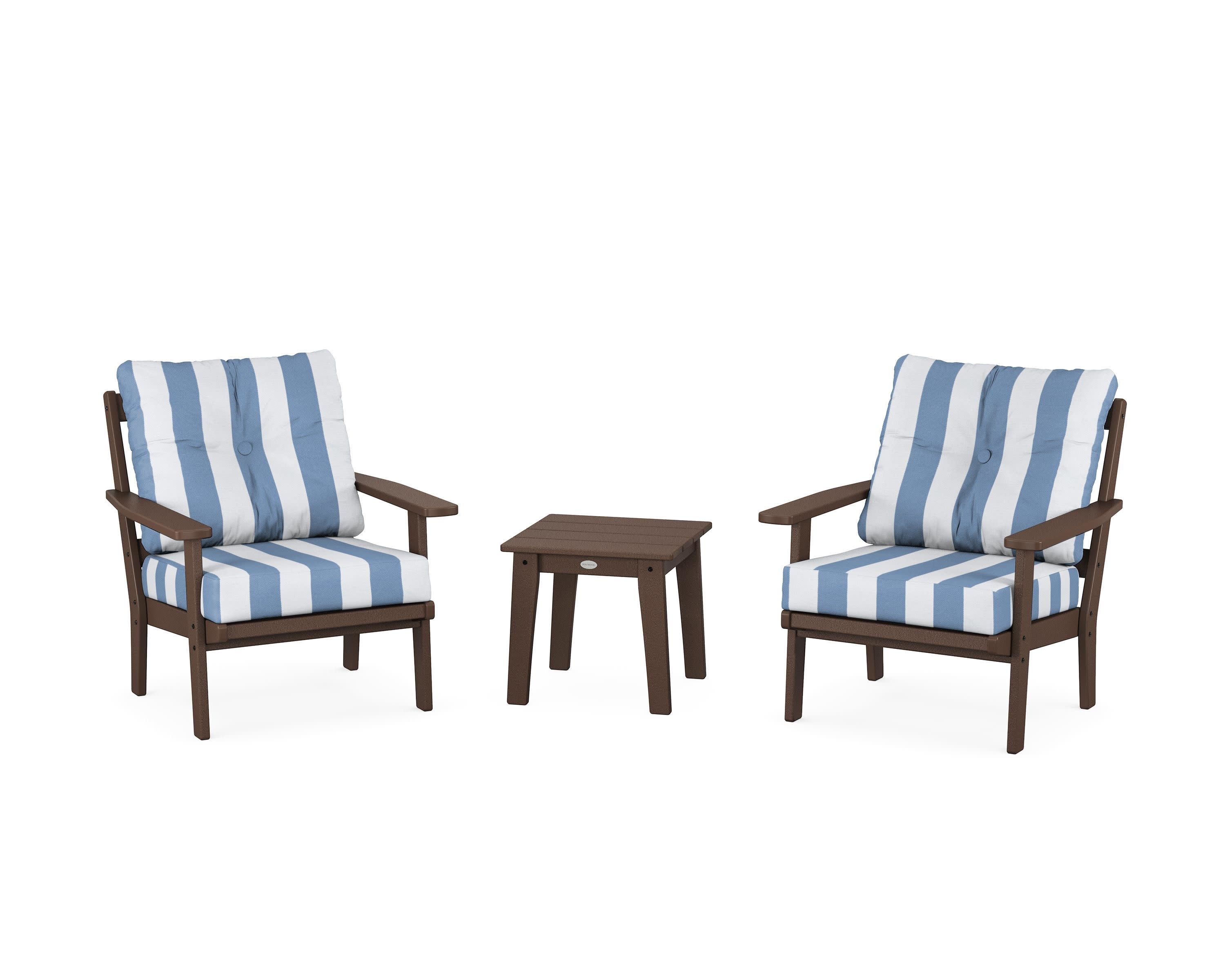 Oxford 3-Piece Deep Seating Set in Mahogany / Cabana Stripe Sky Blue