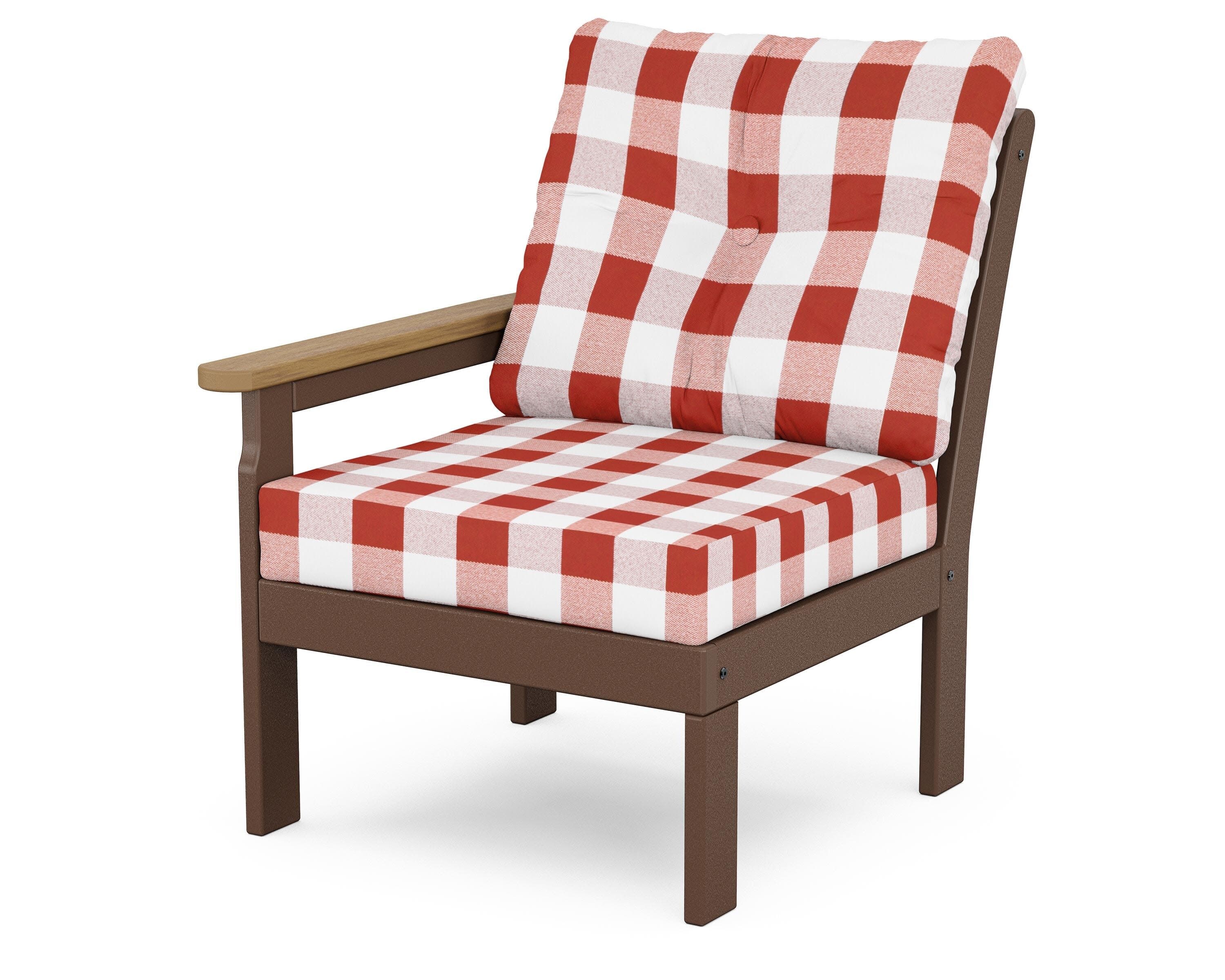 Vineyard Modular Left Arm Chair in Mahogany / Natural / Buffalo Plaid Crimson