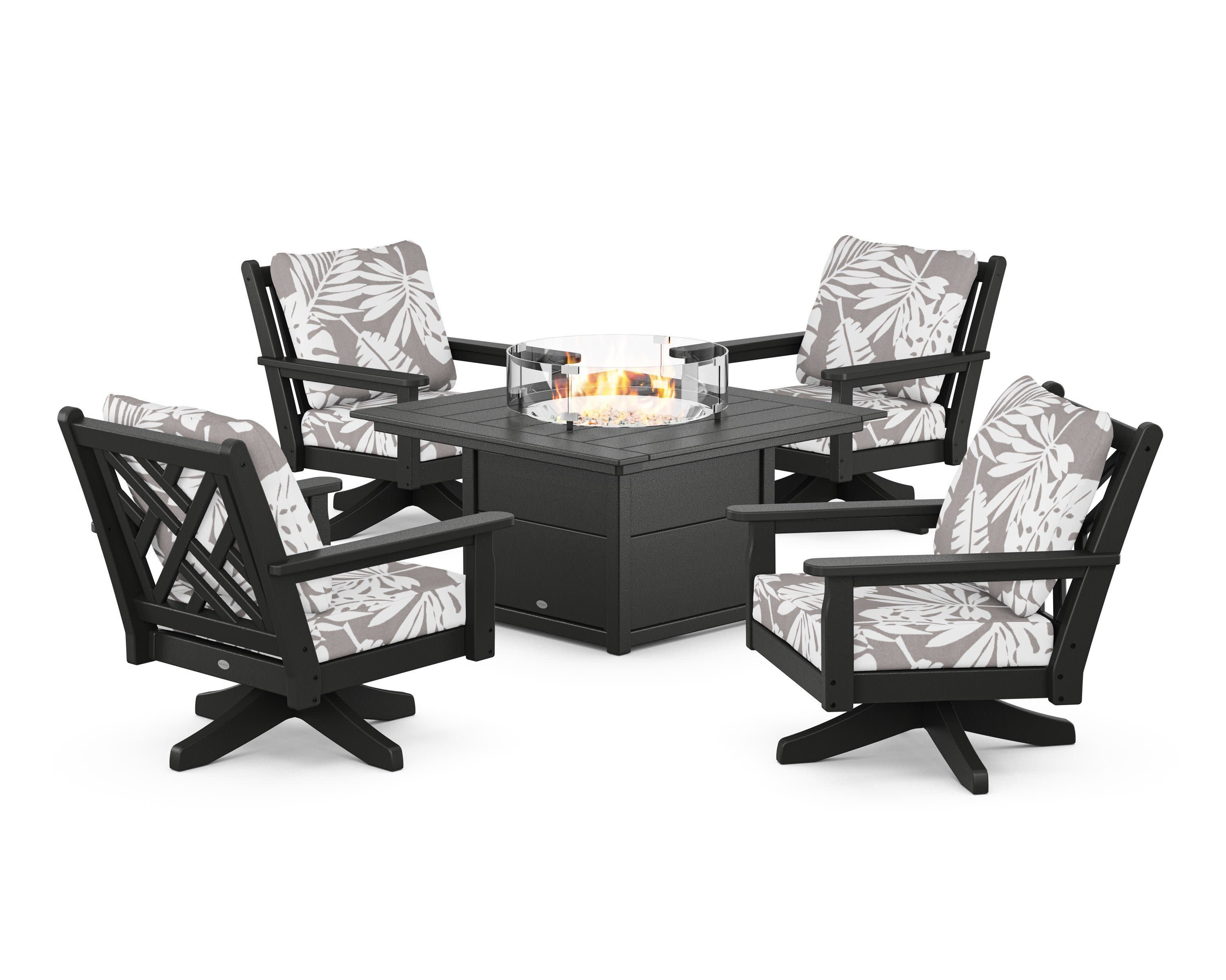 Chippendale 5-Piece Deep Seating Swivel Conversation Set with Fire Pit Table in Black / Leaf Grey Mist