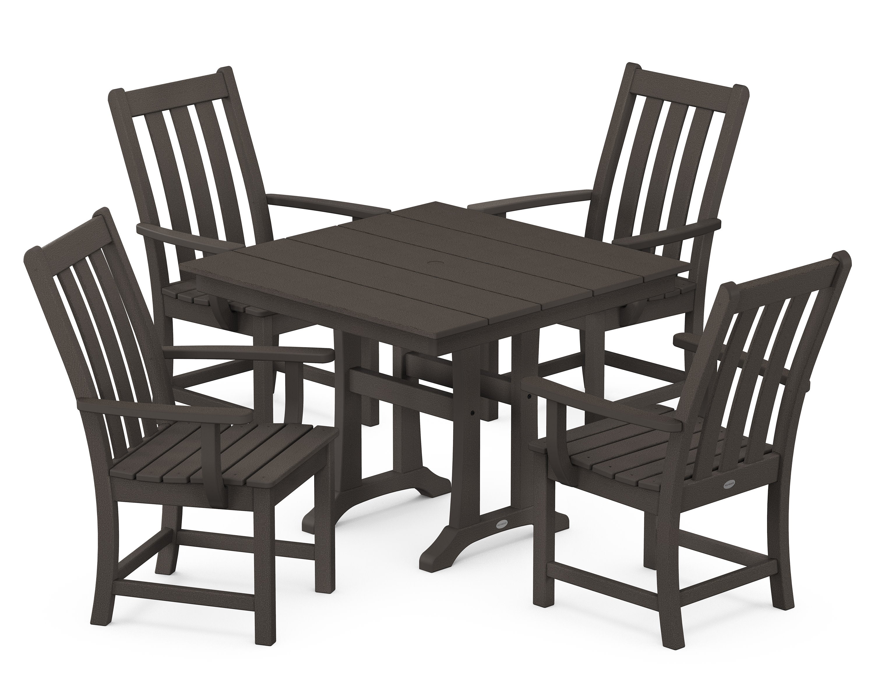 Vineyard 5-Piece Farmhouse Trestle Arm Chair Dining Set in Vintage Coffee