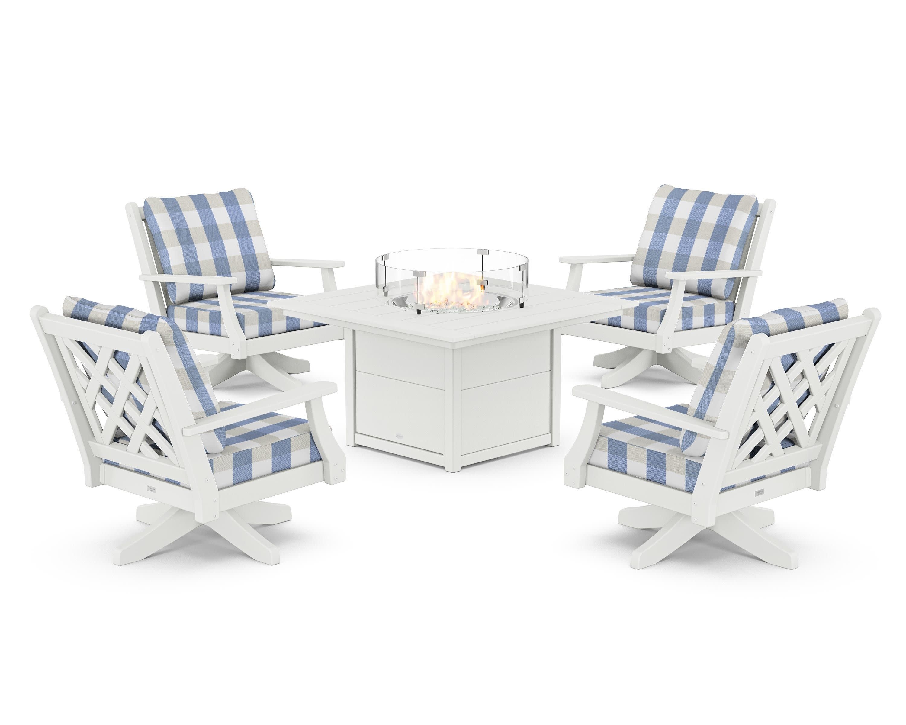 Wovendale 5-Piece Deep Seating Swivel Conversation Set with Fire Pit Table in White / Buffalo Plaid Sky Blue