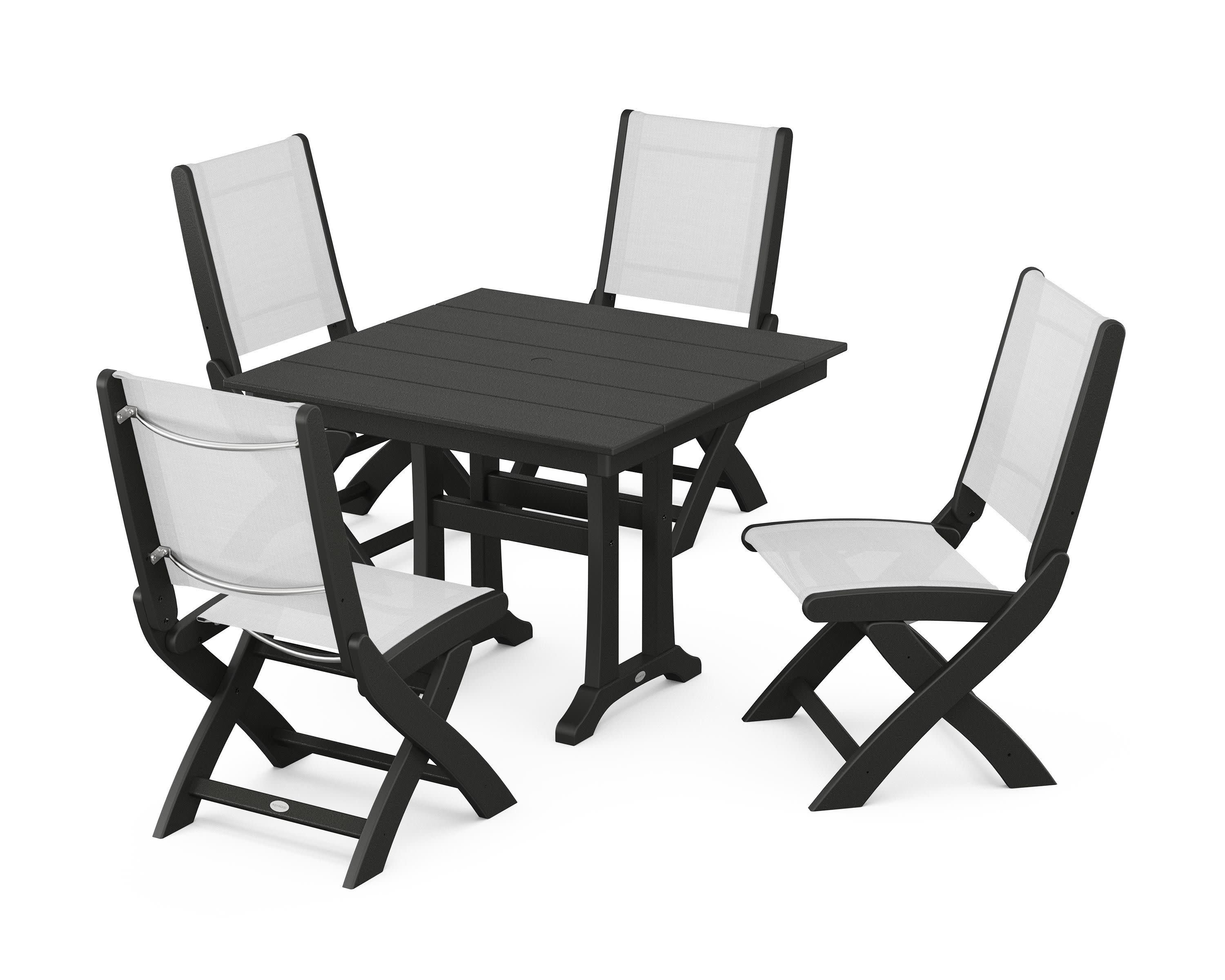 Coastal Folding Side Chair 5-Piece Farmhouse Dining Set With Trestle Legs in Black / White Sling