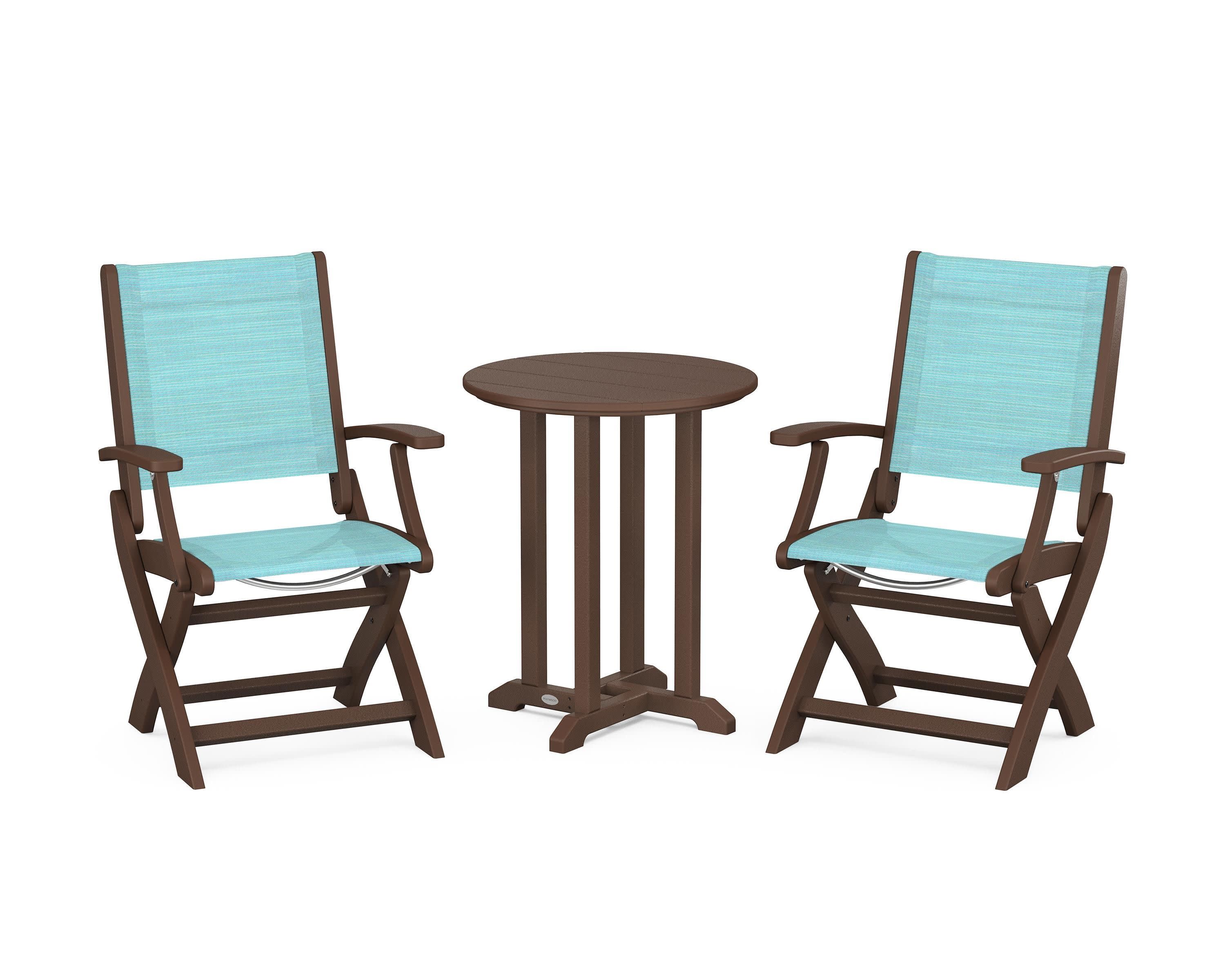 Coastal Folding 3-Piece Round Bistro Dining Set in Mahogany / Dupioni Aquamarine Sling